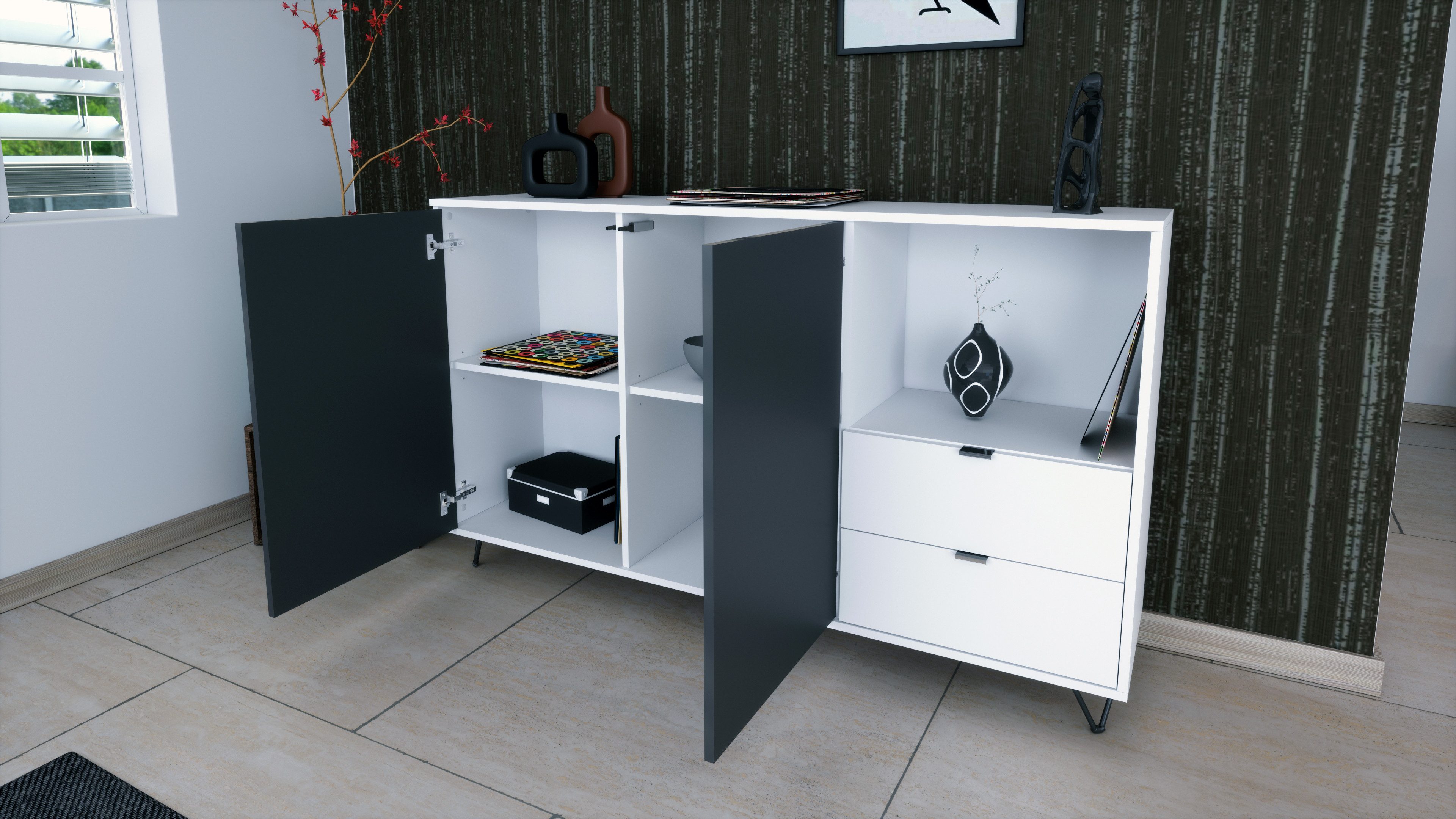Vladon Sideboard Marino (Kommode mit 2 Türen Fjord Grün, 2 Schubladen Weiß matt, inkl. LED, Made in Germany), Korpus Weiß matt (152,5 x 90,5 x 37 cm)