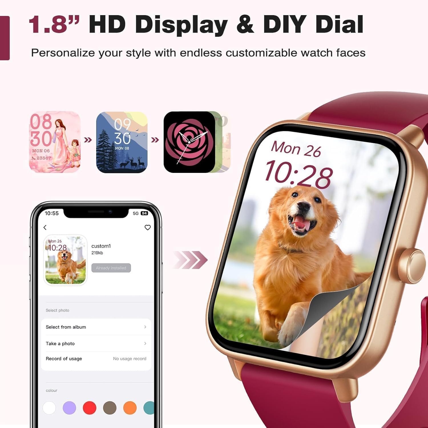 Fitpolo Smartwatch (4,5 cm, android ios), Damen Smartwatch mit 1.85" Touchscreen, Alexa Steuerung und 120