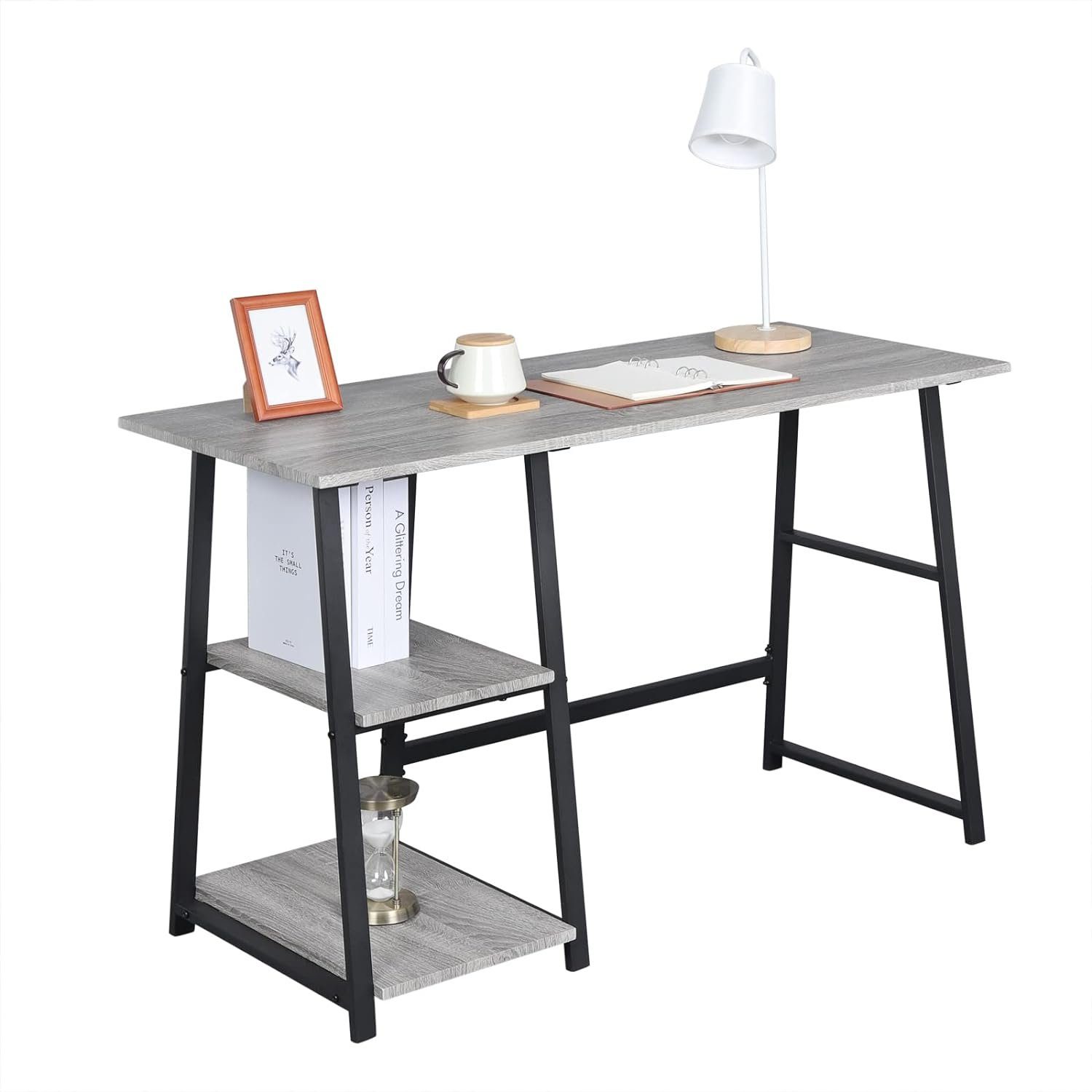 Schreibtisch aus (1-St), Woltu Stahl, MDF Grau Ablagen, mit 2 und 120x50x73cm