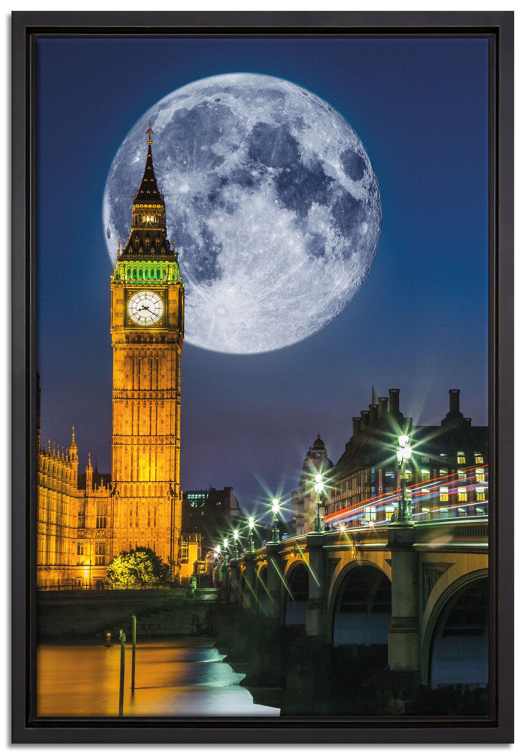 Pixxprint Leinwandbild Big Ben vor Mond in London, Wanddekoration (1 St), Leinwandbild fertig bespannt, in einem Schattenfugen-Bilderrahmen gefasst, inkl. Zackenaufhänger