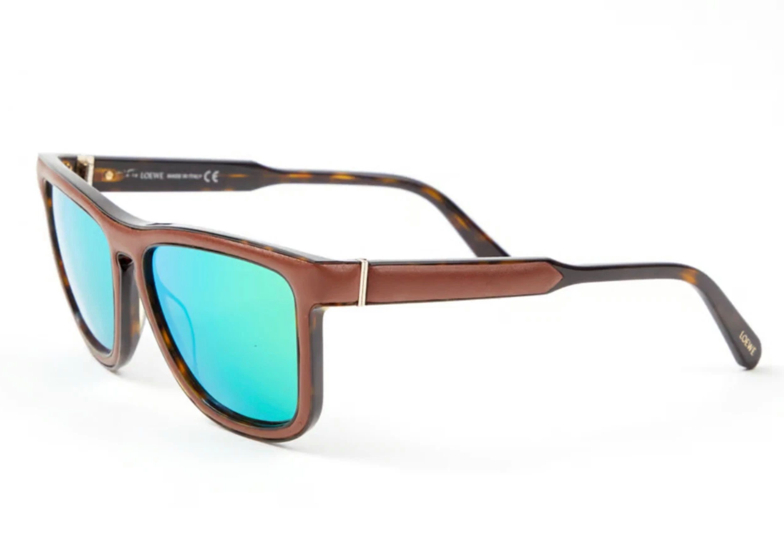 Loewe Sonnenbrille Verspiegelt Lederüberzogener Rahmen Handgefertigt in Italien Fassung mit Lederüberzug,Türkisblauen Spiegeleffekten
