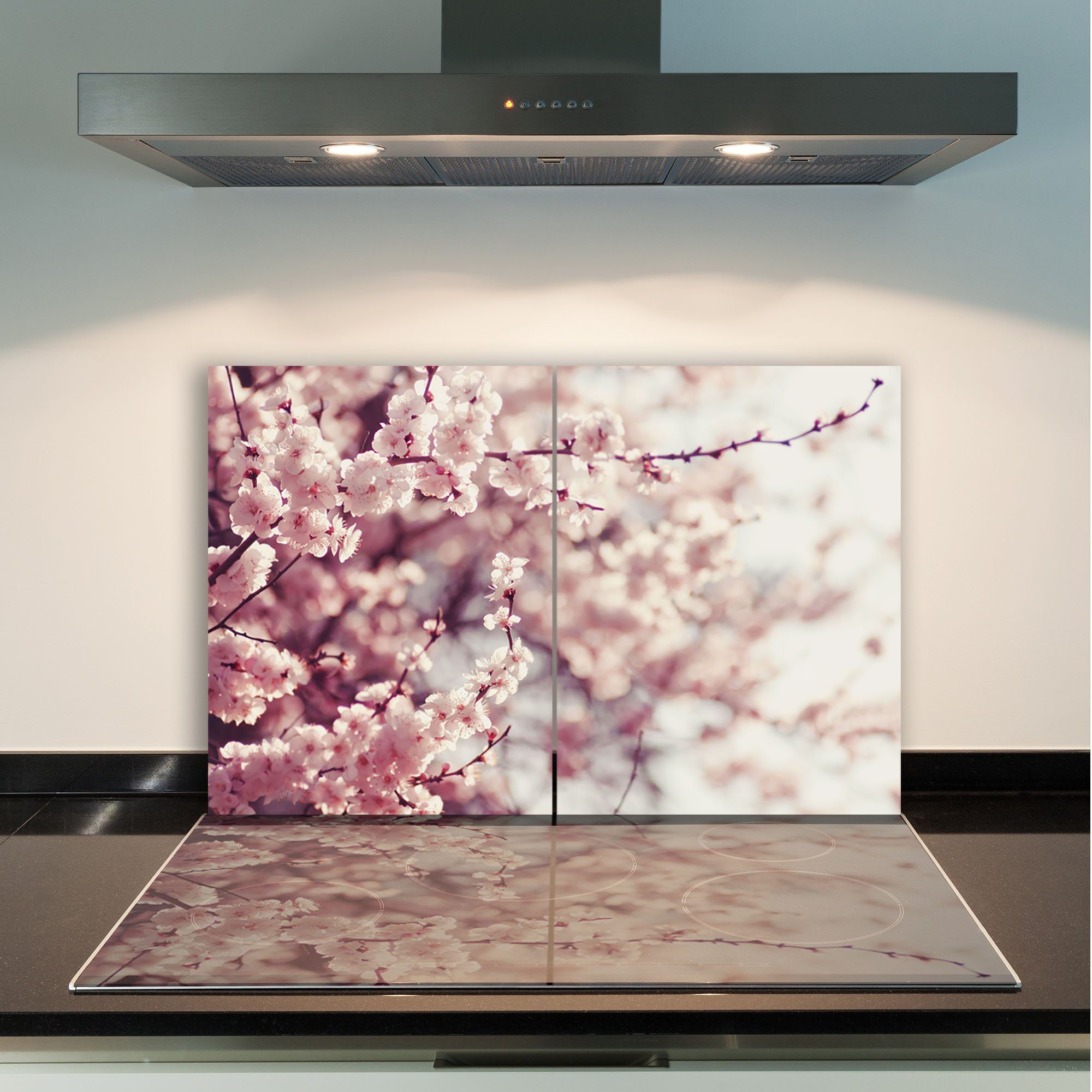 Blumen 2-teilig 80x52 Decorwelt Herd-Abdeckplatte Kirschblüte Ceranfeldabdeckung Pink