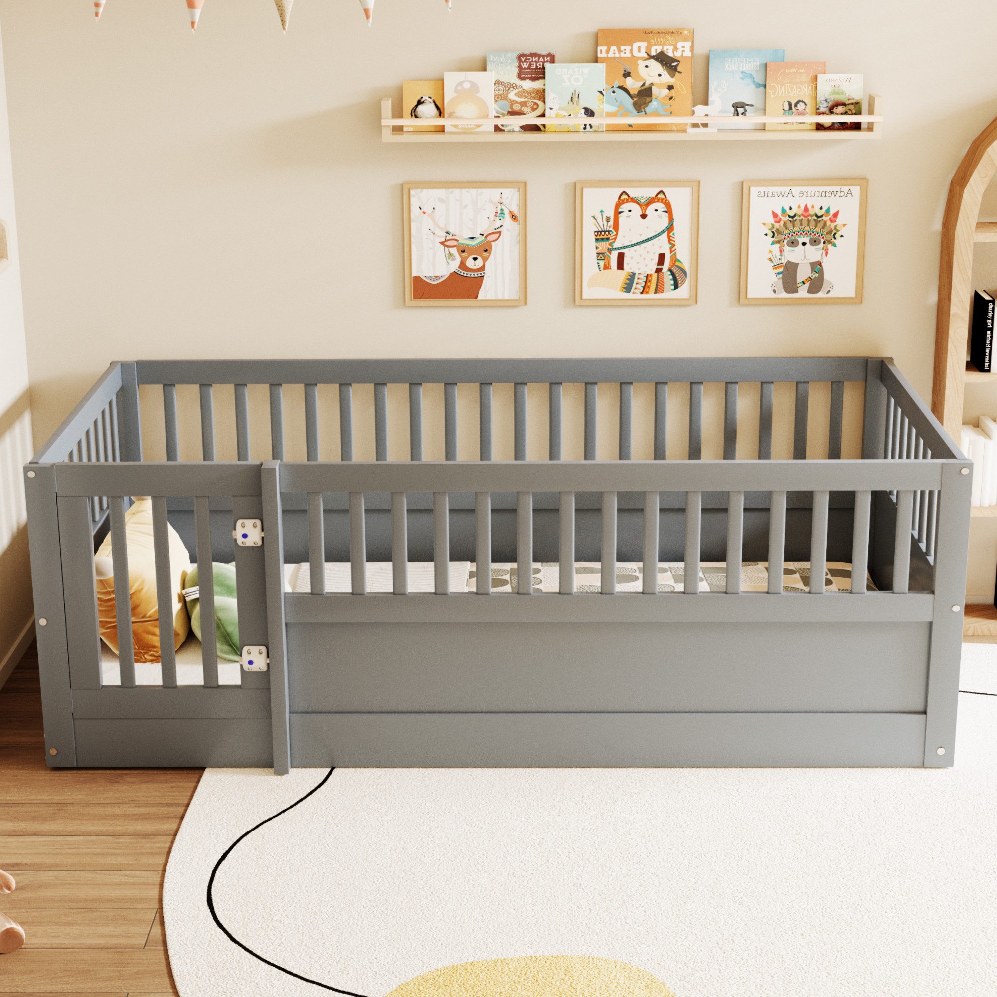 Odikalo Kinderbett Babybett 90x200, Rundum-Absturzschutz (Holzbettgestell mit Gitter und Tür)