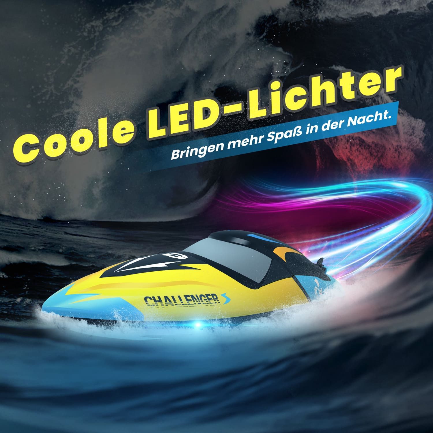 DEERC RC-Boot Bürstenloses 48 km/h mit Alarm, LED, 2,4 GHz