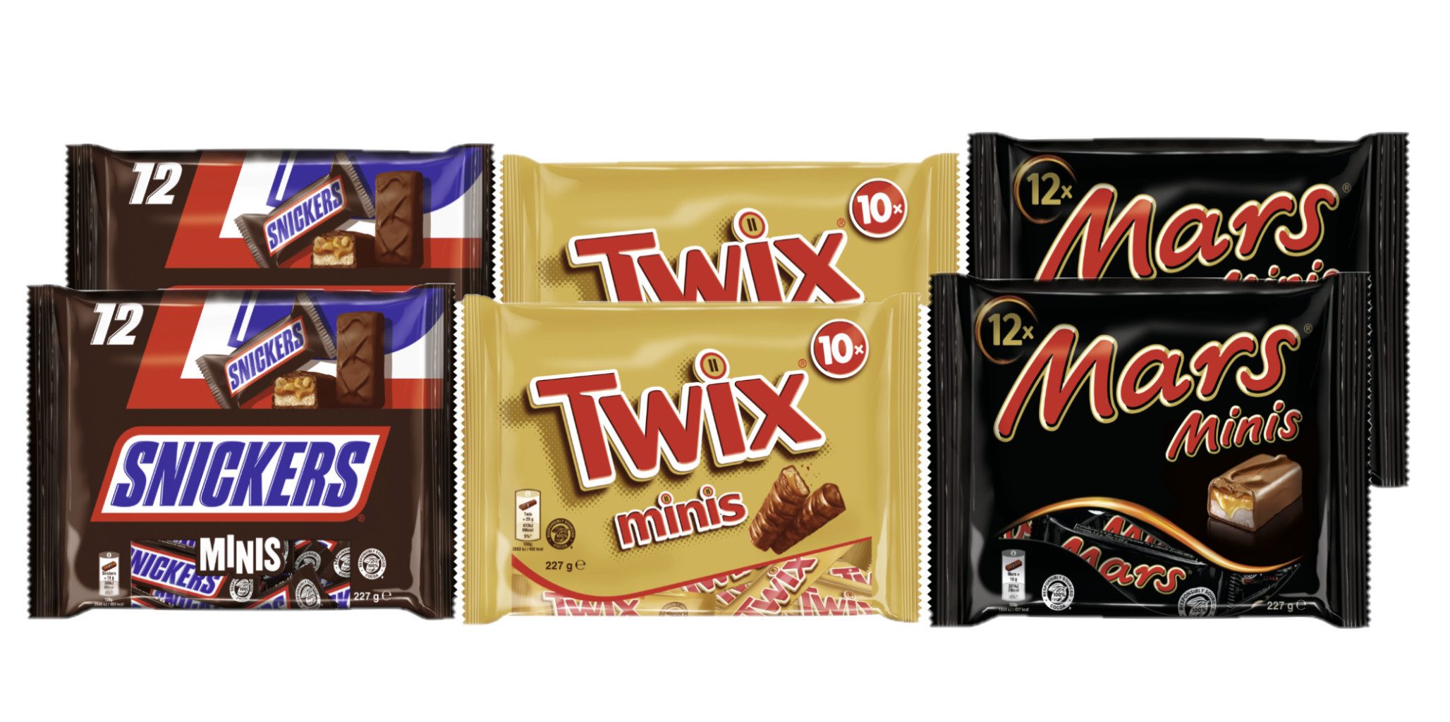 Snickers Süßigkeit Schokoriegel Minis Mix 1362g, 2x Snickers, 2x Twix, 2x Mars