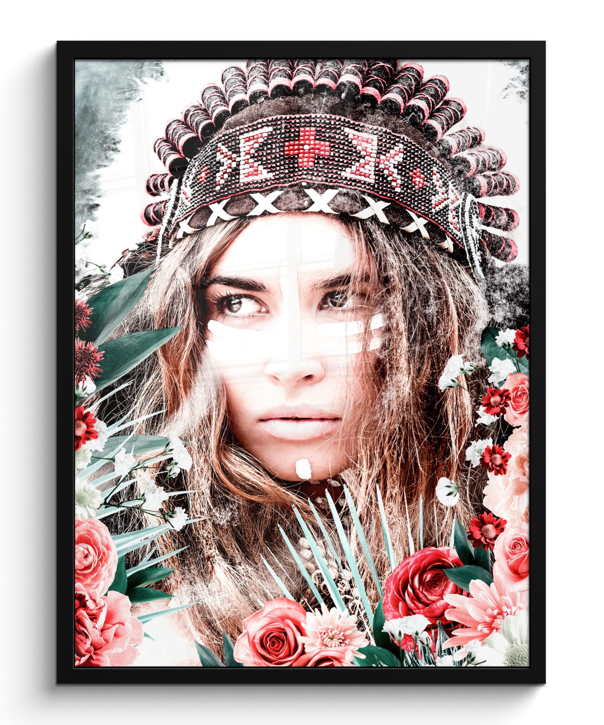 MuchoWow Poster Frau - Blumen - Indischer Kopfschmuck - Rosen - Blumen, (1 St), Bilderrahmen, Poster mit Rahmen, Wohnzimmer Deko, 50x70 cm