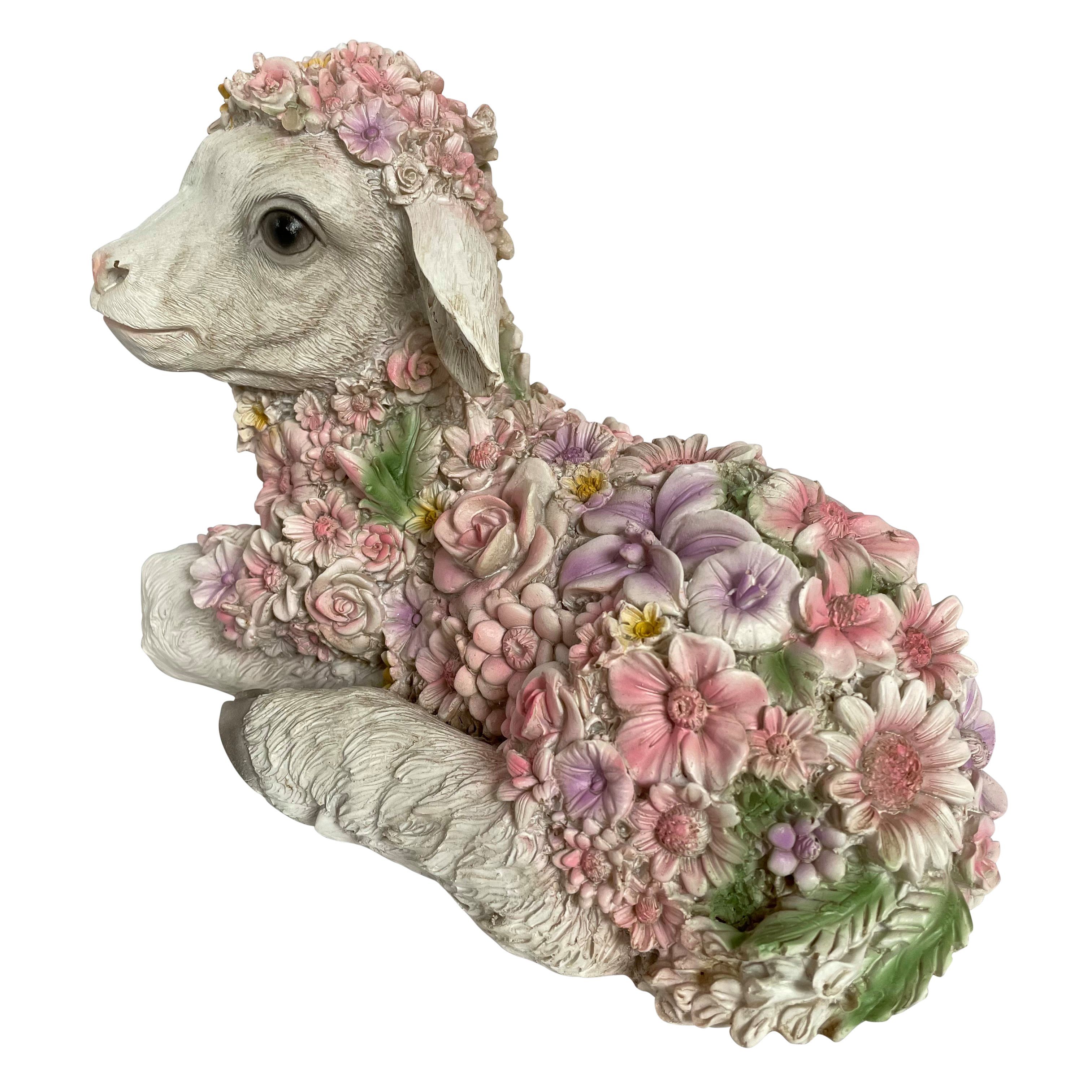 Online-Fuchs Gartenfigur süßes LIEGENDES SCHAF mit Blumen verziert Lamm Deko Outdoor Tiere, 24x13x17 cm groß witterungsbeständig