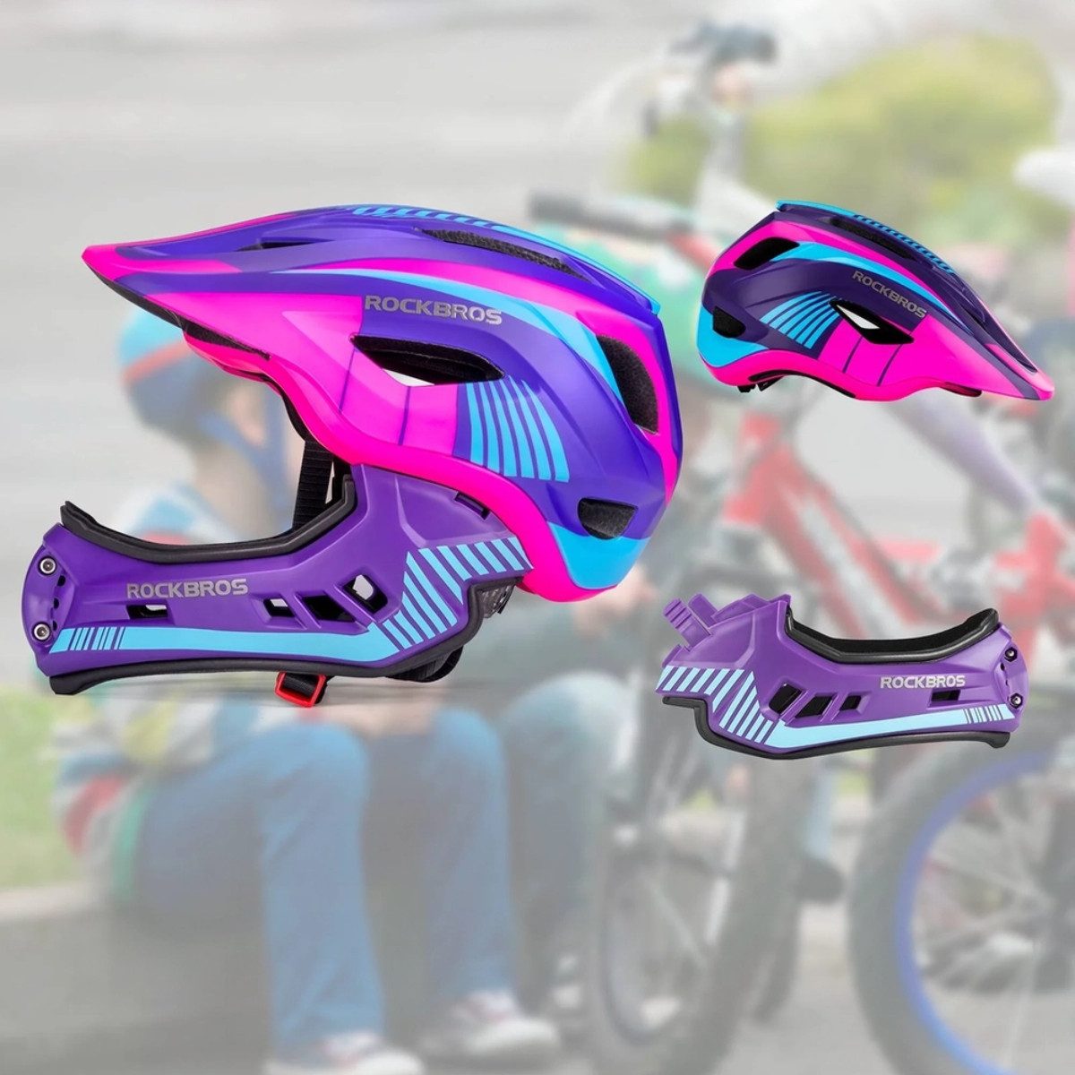 ROCKBROS Kinderfahrradhelm TT-32 (Fahrradhelm Set, Kinderhelm Set mit Kinnschutz), Kinderhelm mit abnehmbarem Fullface Kinnschutz – Bild 5 von 5