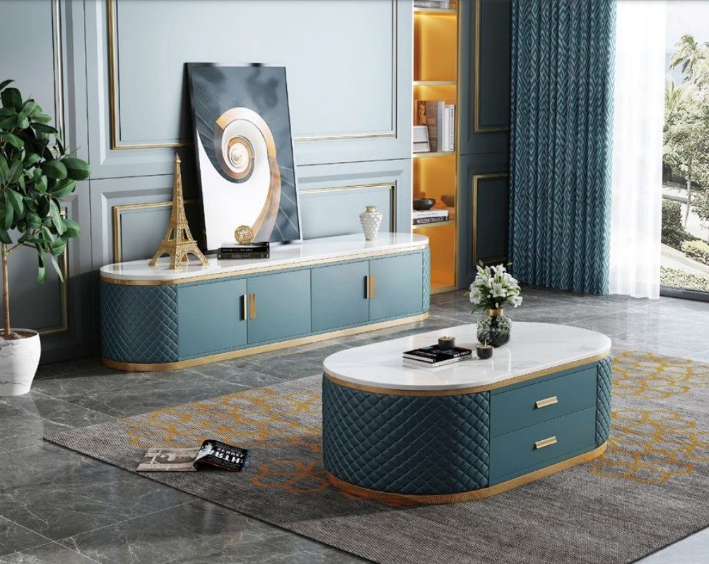 JVmoebel Wohnzimmer-Set Moderne Anrichte in Türkis und Weiß mit Holz und Marmor-Imitation, (Sideboard + Couchtisch), Made in Europa