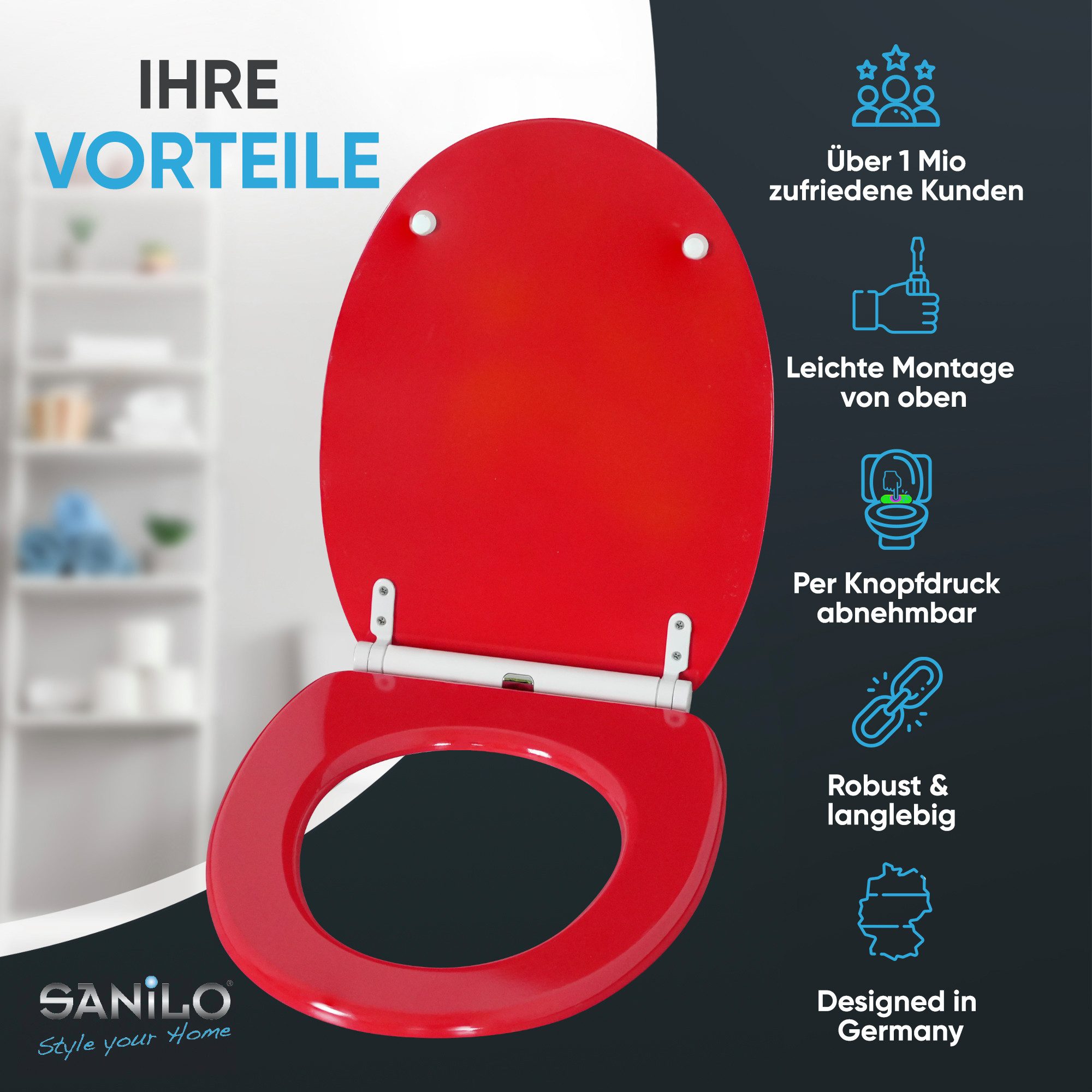 Sanilo WC-Sitz Rot mit Absenkautomatik & Quick Release, Premium Toilettendeckel, abnehmbar, leichte Montage von oben