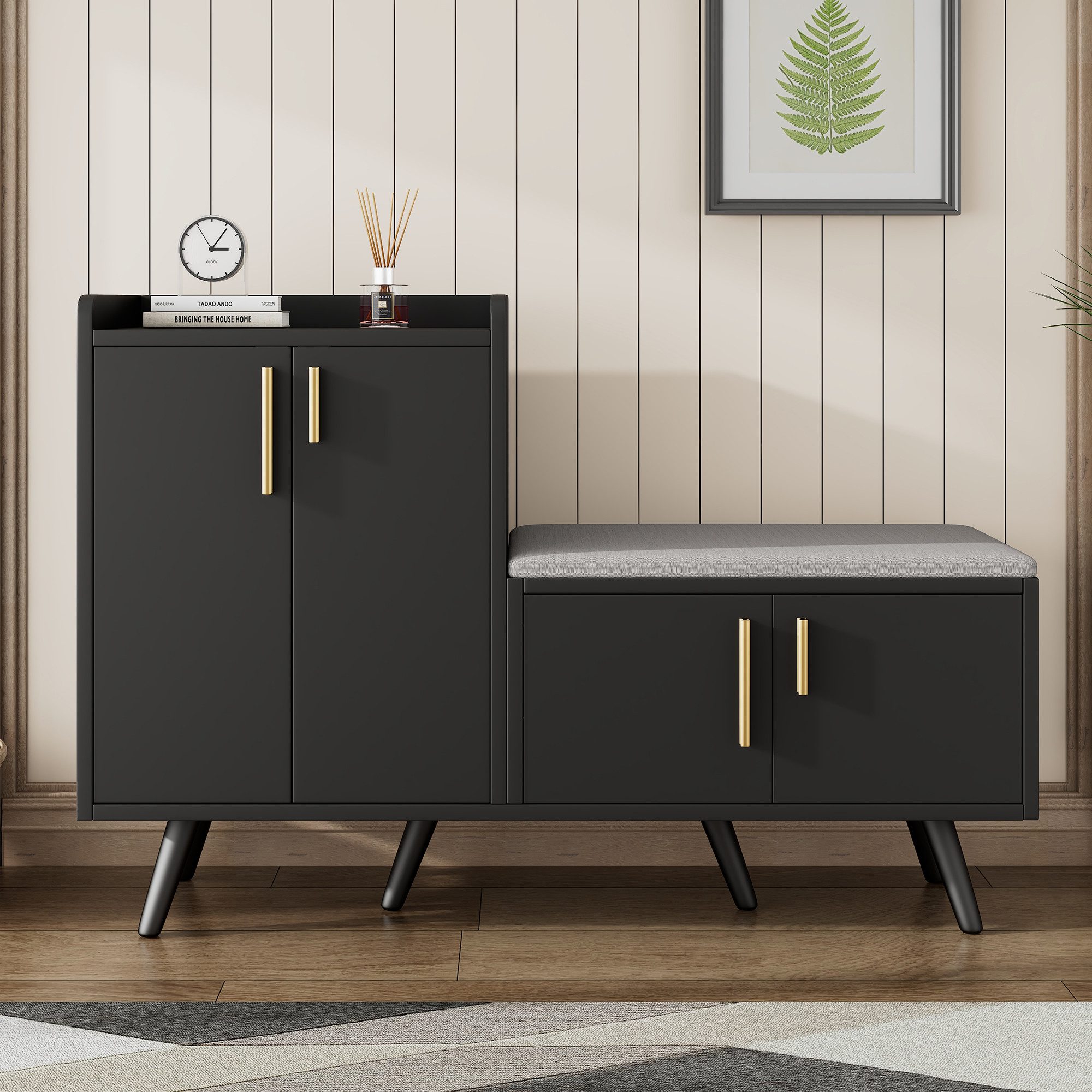 Celya Schuhbank mit 4 Türen und Metallgriffen (120 × 34 × 82 cm, gepolsterte Sitzbank, moderner Schuhschrank mit Stauraum)