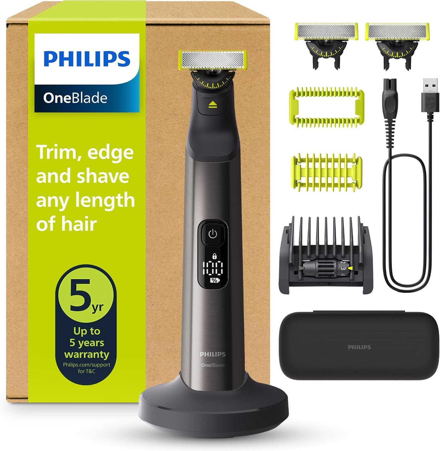 Philips Elektrokörperrasierer OneBlade Pro 360 Face & Body Akku Rasierer, Abwaschbar, Aufsätze: 3, Ja, 3 Klingen, Präzisionskamm, Körperaufsätzen, Reiseetui und Ladestation, 20 Schnittstufen, Nass- und Trockenrasur, LED-Digitalanzeige