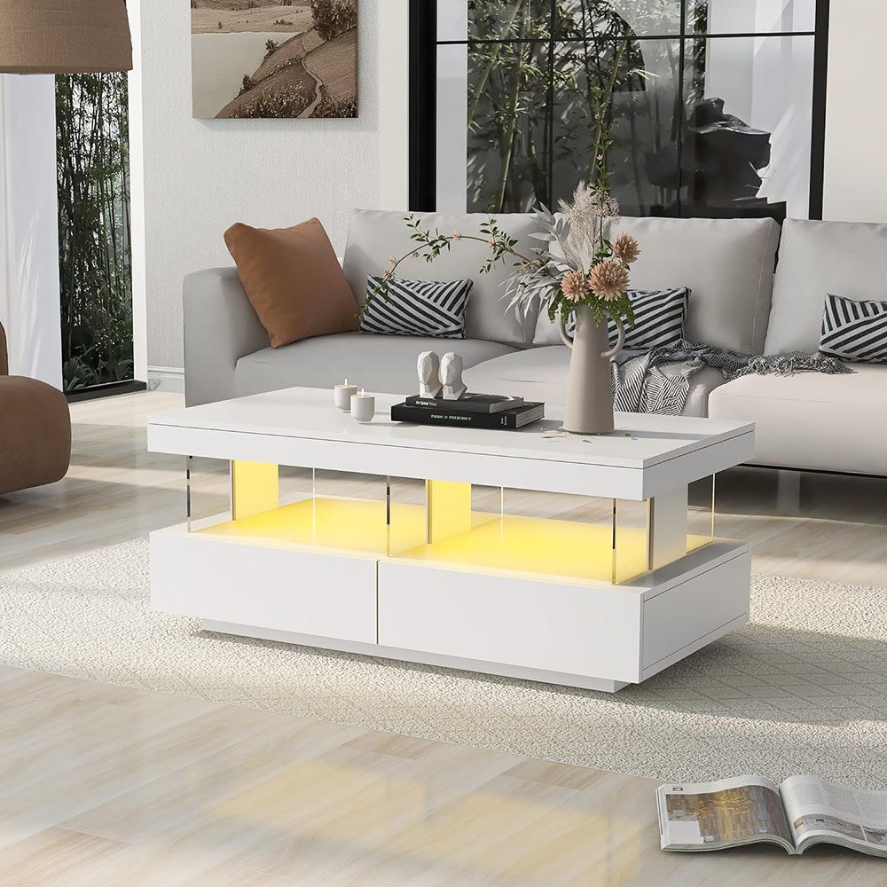 ZREE Couchtisch Hochglanz mit LED Sofatisch, Coffee Table (Moderner Wohnzimmertisch mit Stauraum Schubladen), Wohnzimmertisch mit Glastrennwände