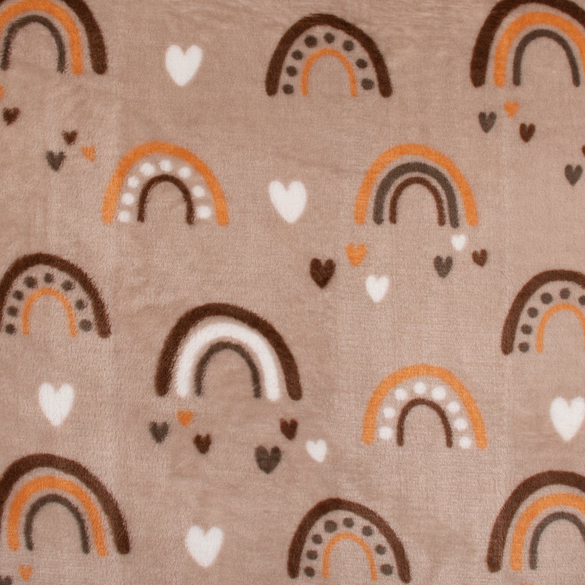 Thumbnail - SCHÖNER LEBEN. Stoff Wellness Fleece Doubleside Regenbogen Herzen Punkte taupe orange braun, pflegeleicht
