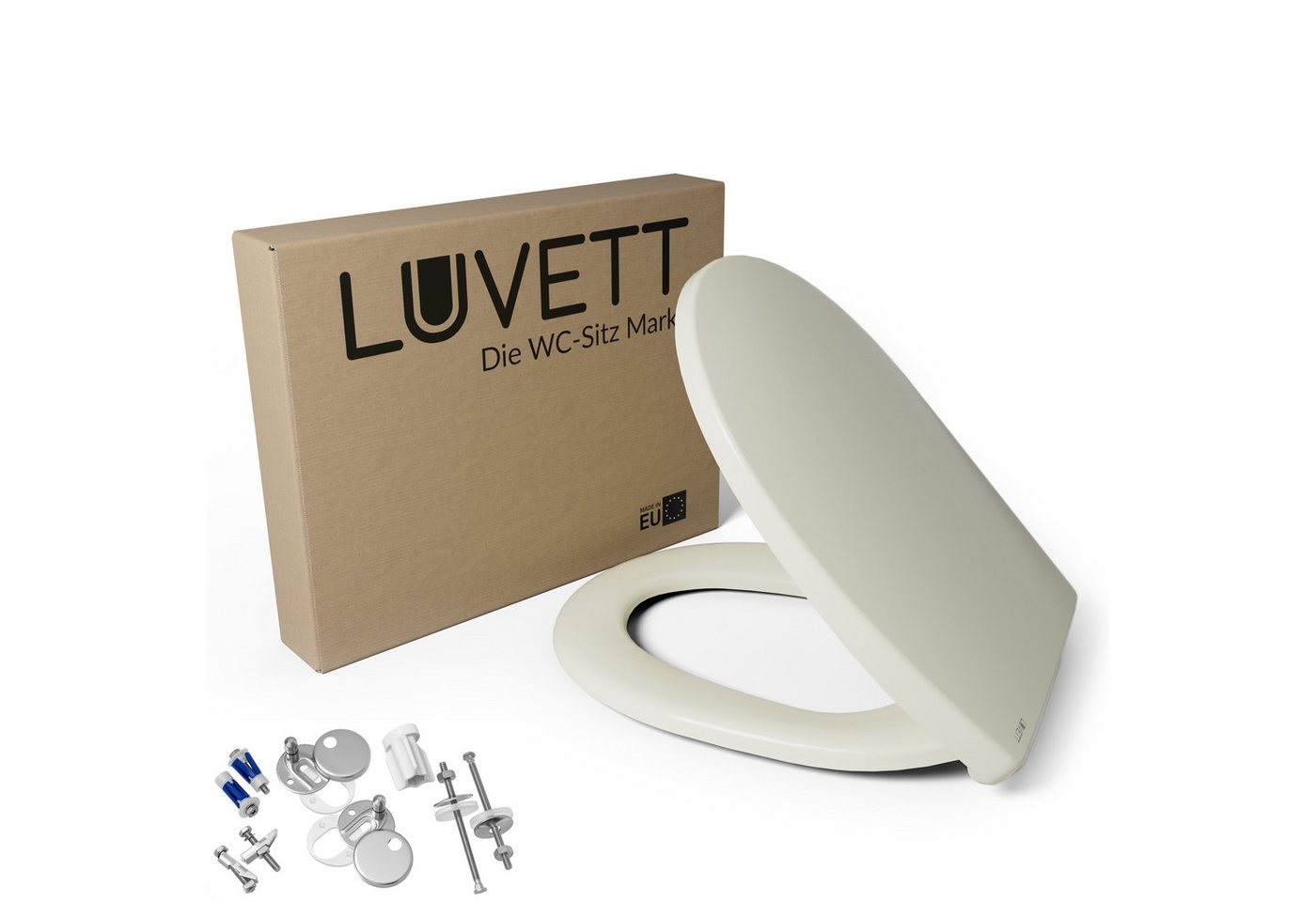 LUVETT WC-Sitz C100 mit Absenkautomatik, Duroplast sanitär, Universelle O-Form (Komplett-Set, Inklusive 3 Befestigungsarten), mit Original SoftClose® Absenkautomatik, Duroplast