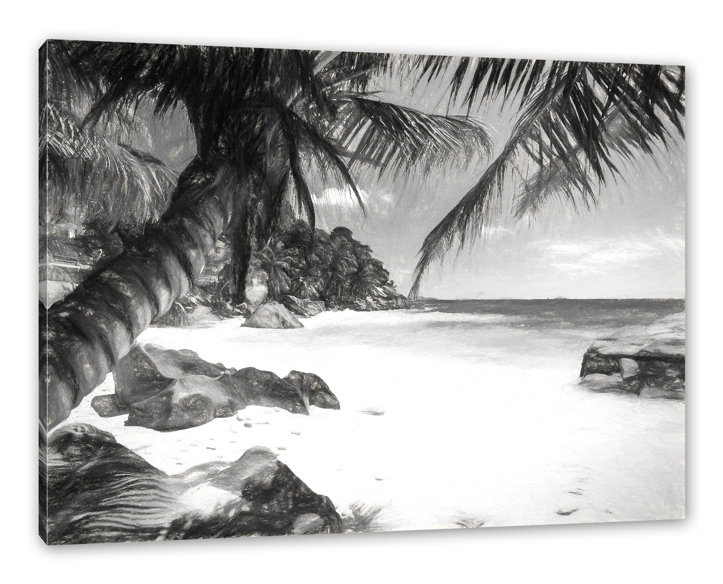 Pixxprint Leinwandbild Palmenstrand Seychellen bespannt, Zackenaufhänger St), Leinwandbild inkl. (1 fertig Seychellen Kunst, Kunst Palmenstrand