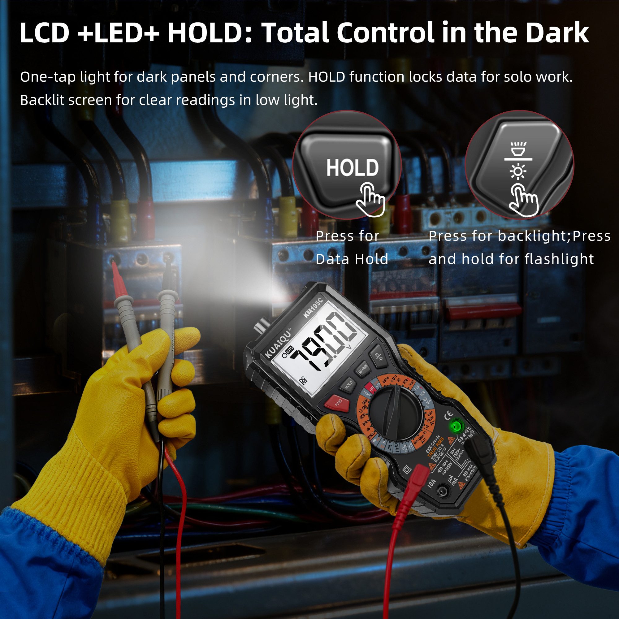 BBG Multimeter Multimeter Digital True RMS mit LCD-Hintergrundbeleuchtung, (LED-Taschenlampe & NCV-Berührungslos-Test), Präzise Messungen & sichere Fehlerdiagnose