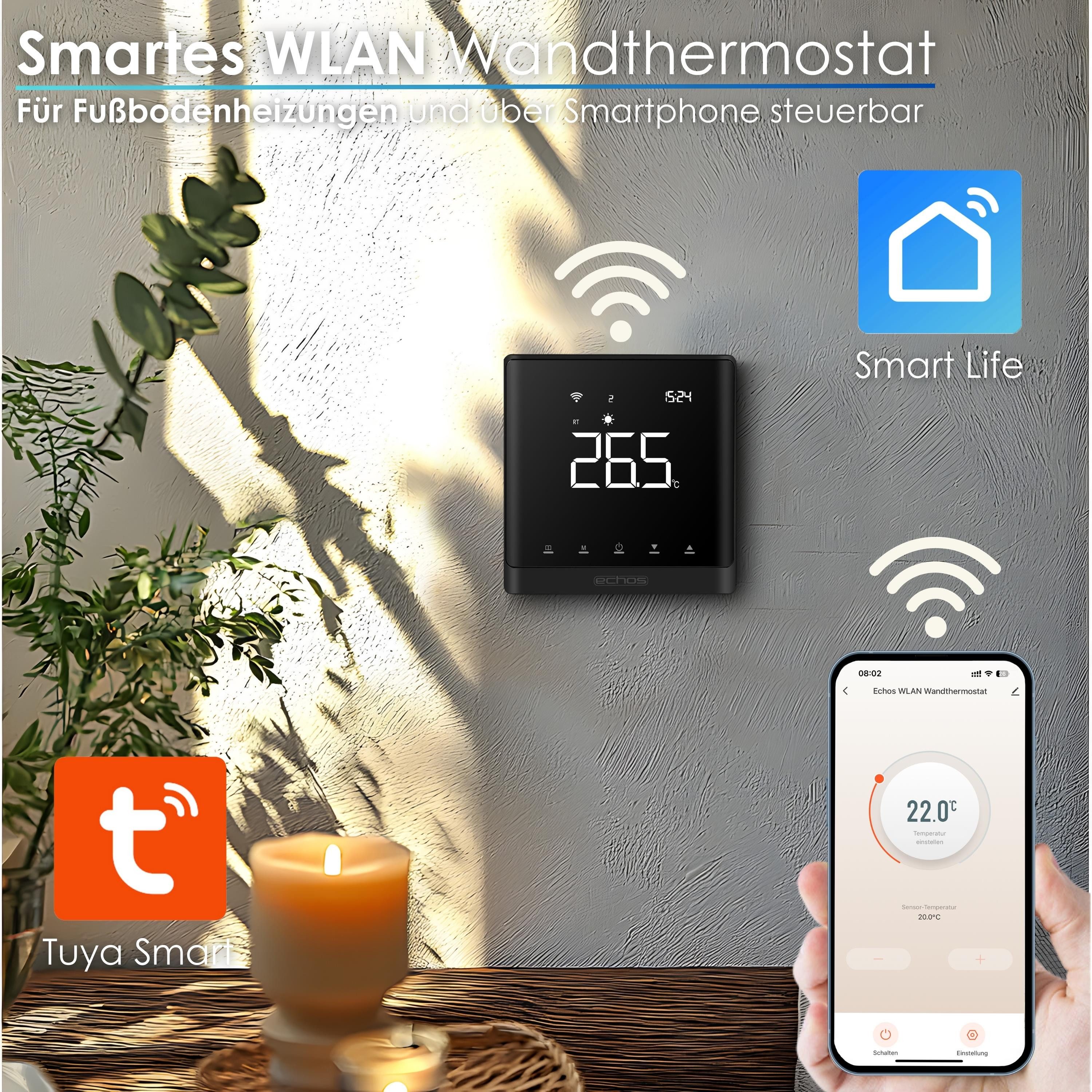 echos Raumthermostat WLAN Wandthermostat Eco-4181, elektronisch, Dimmbares Display,Touchtasten,Smart Life App-Steuerung,Sprachsteuerung