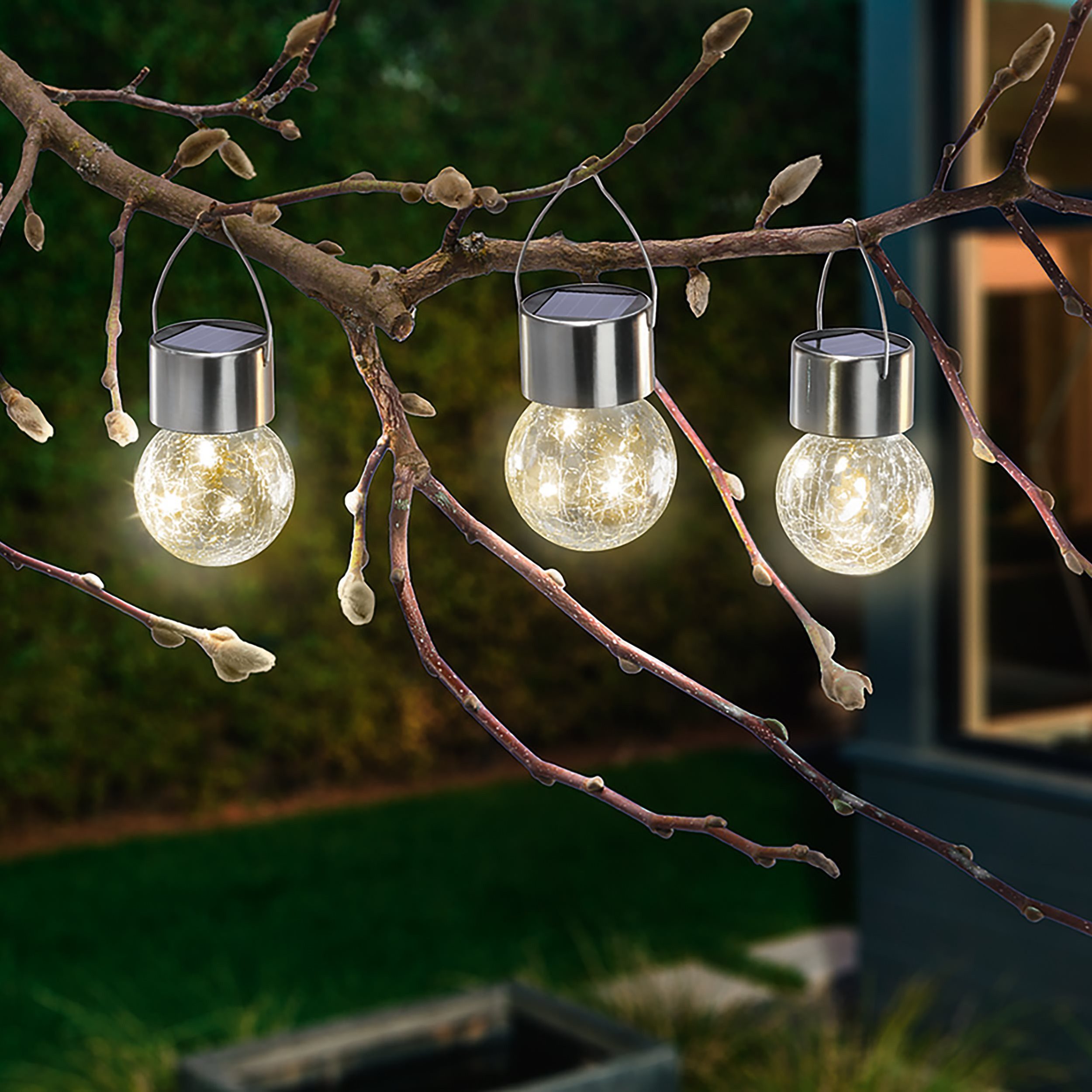 esotec LED-Hängeleuchte 3er Set Solarleuchten Crackle Ball, hängend+stehend, warmweiß 102309, LED fest integriert