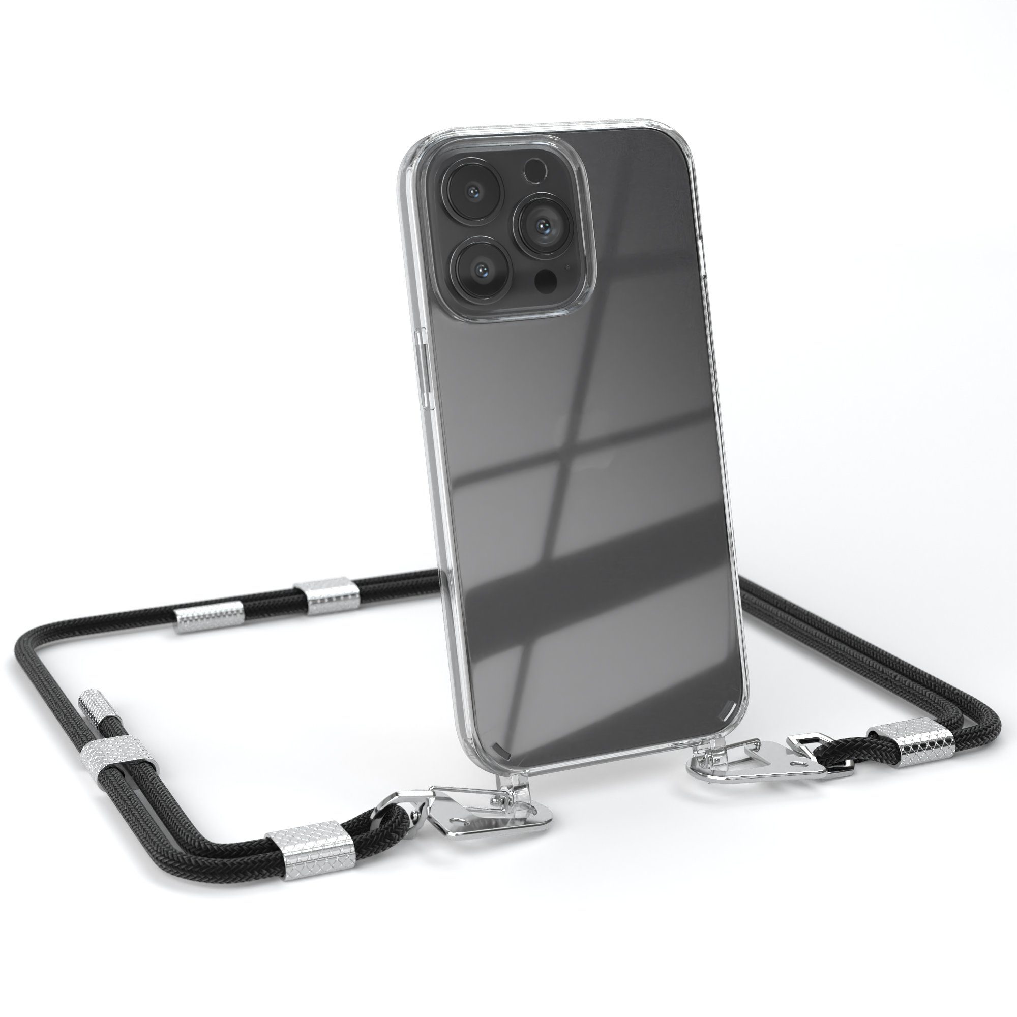 EAZY CASE Handykette Silikonhülle mit Kette für Apple iPhone 13 Pro 6,1 Zoll, Ketten Hülle Transparent Case Kettenhülle abnehmbare Kordel Schwarz