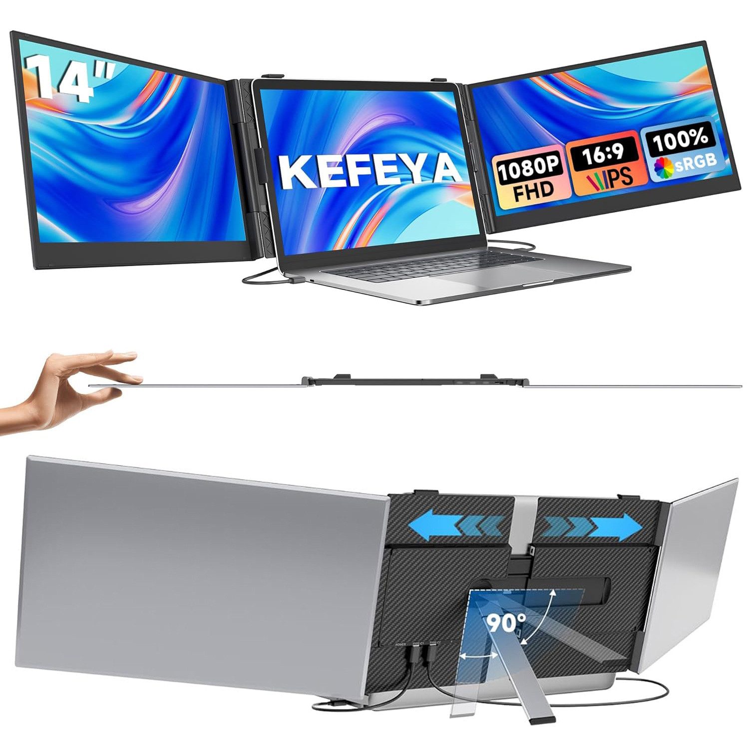 KEFEYA 14 Zoll FHD Laptop-Bildschirm-Extender Portabler Monitor (36 cm/14 ", 1920x1080 px, Full HD, 60 Hz, HDR, Dual-Screen-Display, 13–17,3 Zoll, Mac, Windows & Chrome)