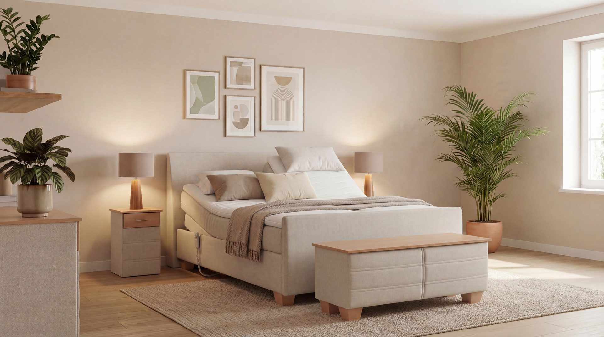 Meisterbetten Boxspringbett Syma (mit Motor, Fußteil, 7-Zonen Taschenfederkernmatratzen, Ergoflex), Inklusive kostenloser Lieferung und Aufbau