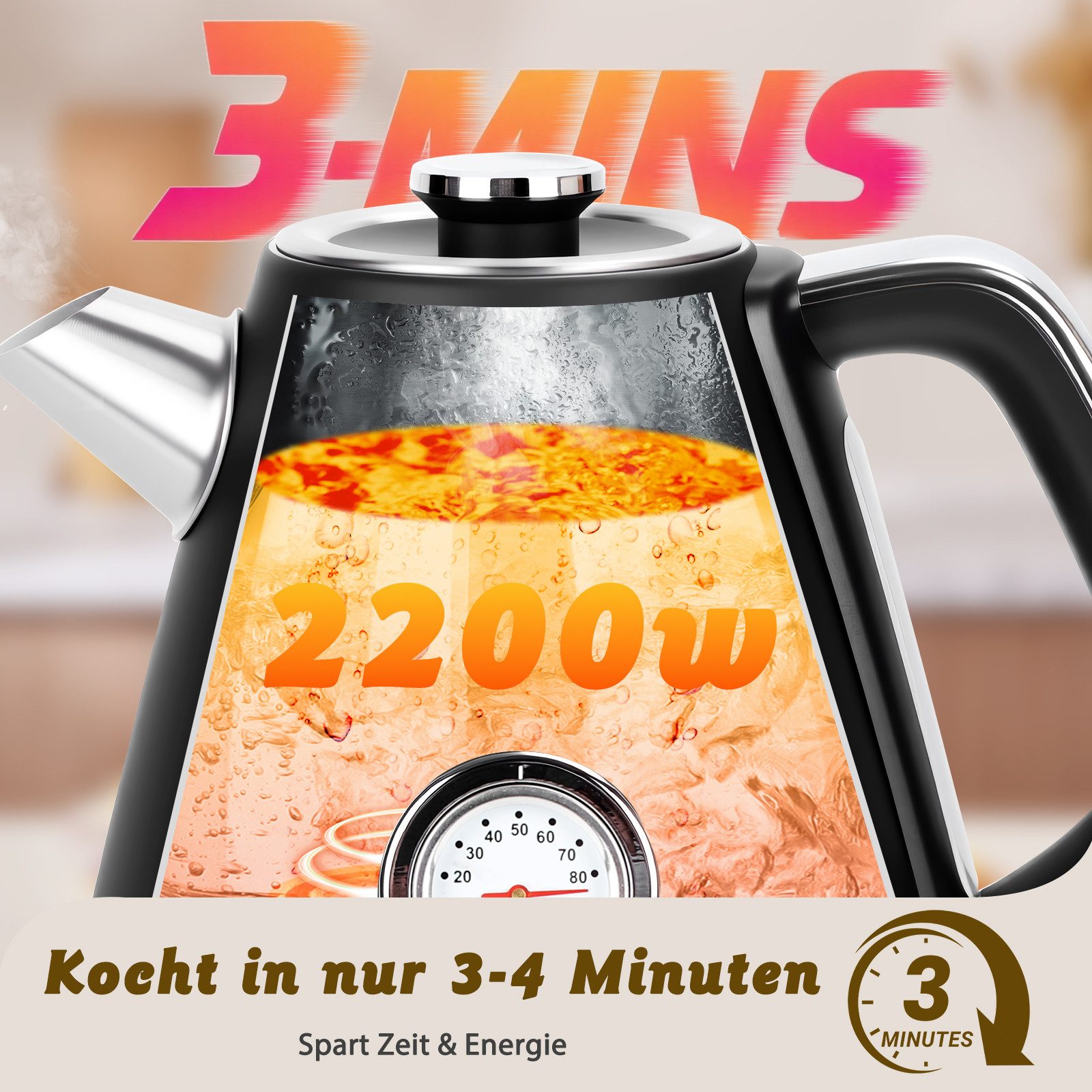 Taylor Swoden Wasserkocher Retro Wasserkocher 1,7L, 2200W, Temperaturanzeige, mit Kalkfilter, 2200,00 W, Mit Wasserstandsanzeige, Drehbare Basis, Abschaltautomatik, Edelstahl