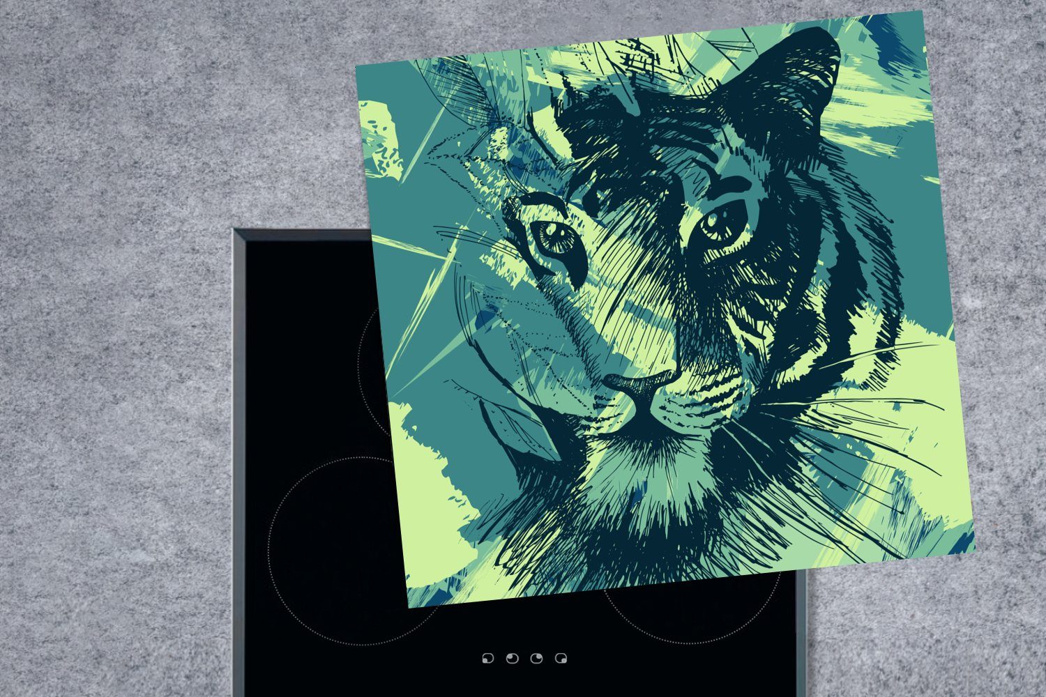 MuchoWow Herdblende-/Abdeckplatte Tiger - (1 78x78 - Abstrakt, Vinyl, Ceranfeldabdeckung, für cm, Arbeitsplatte küche tlg), Grün