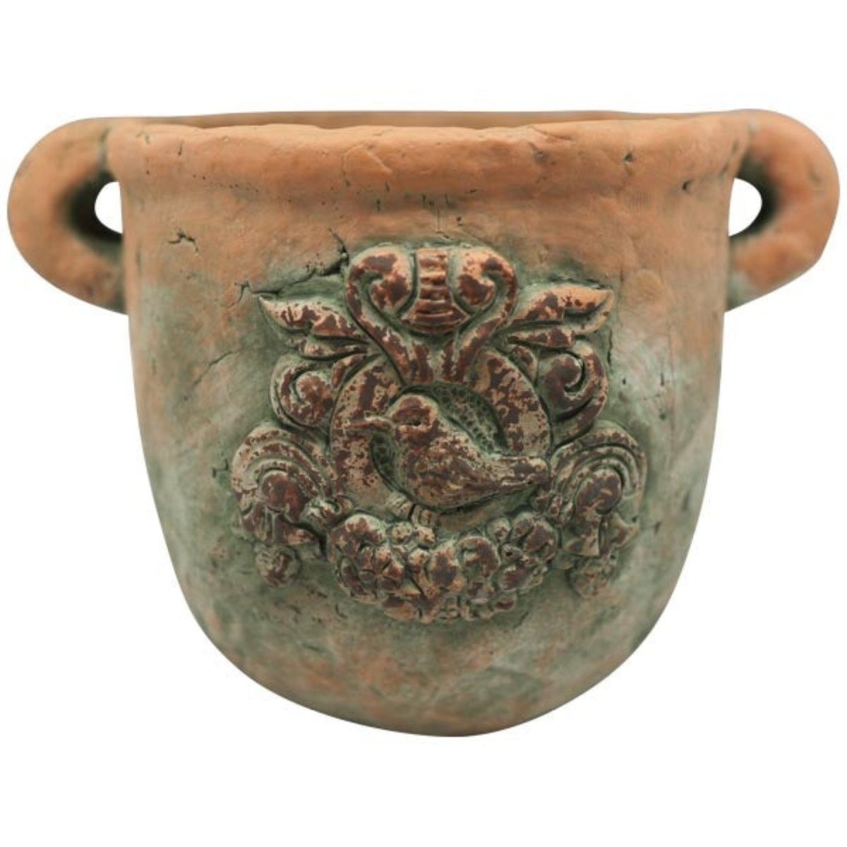finehomegarden Blumentopf Topf mit Henkel Zement MOOLA Übertopf terra/grün Pflanzgefäß (1 St), Shappy Ornament Antik Blumentopf H11cm + H13,5cm 2Größen wählbar