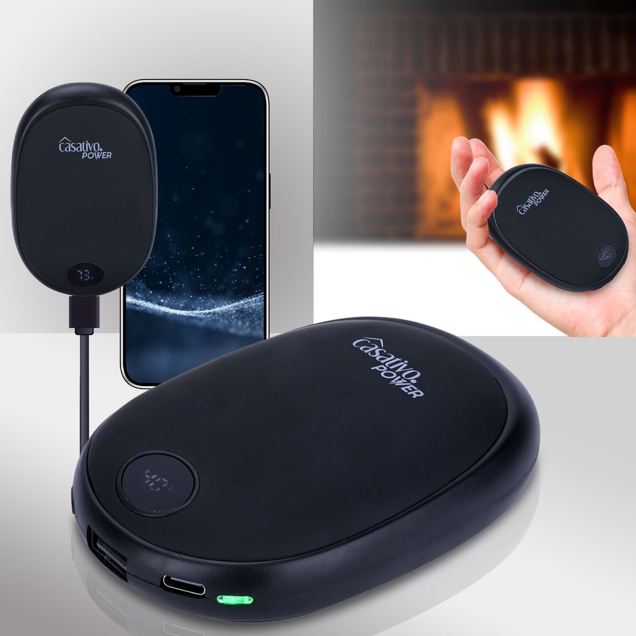 Casativo Handwärmer 2in1 USB Handwärmer mit Powerbank 10.000 mAh 3 Stufen (40–60 °C), 1-tlg., 1er/2er-Set, 10 Std. Laufzeit/USB-Port 10W/Powerbank-Funktion