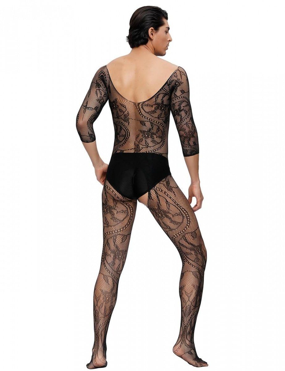 Lau-Fashion Lange Unterhose Spitze Strapse Transparenz V-Ausschnitt Bodystocking Nylon S/M/L