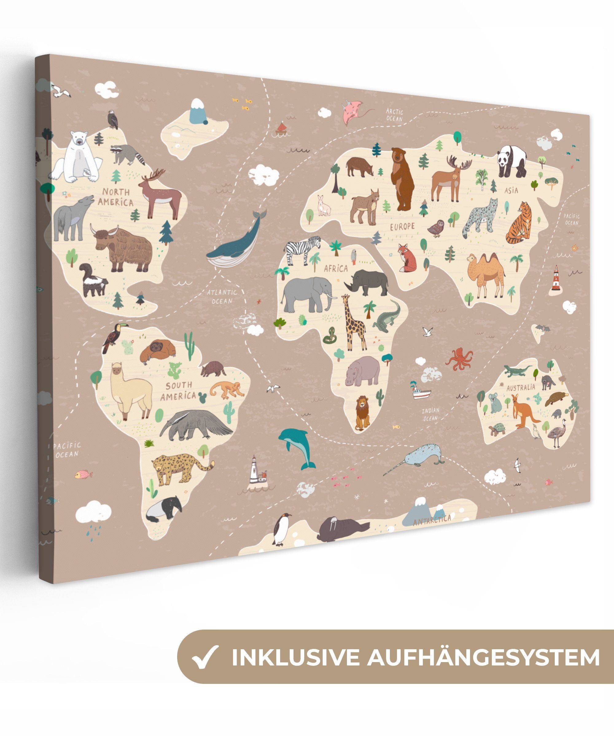 OneMillionCanvasses® Leinwandbild Weltkarte Kinder - Tiere - Braun - Jungen - Mädchen, (1 St), Wandbild Leinwandbilder, Aufhängefertig, Wanddeko, 30x20 cm