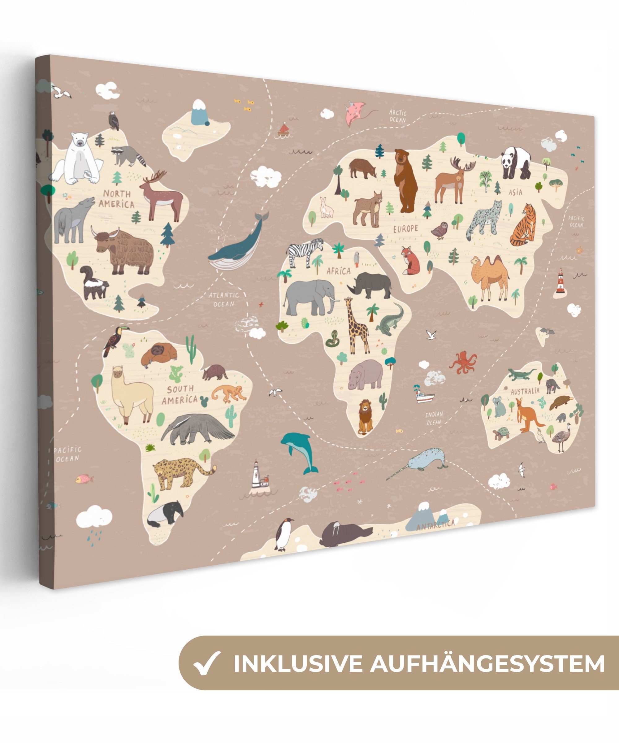 OneMillionCanvasses® Leinwandbild Weltkarte Kinder - Tiere - Braun - Jungen günstig online kaufen