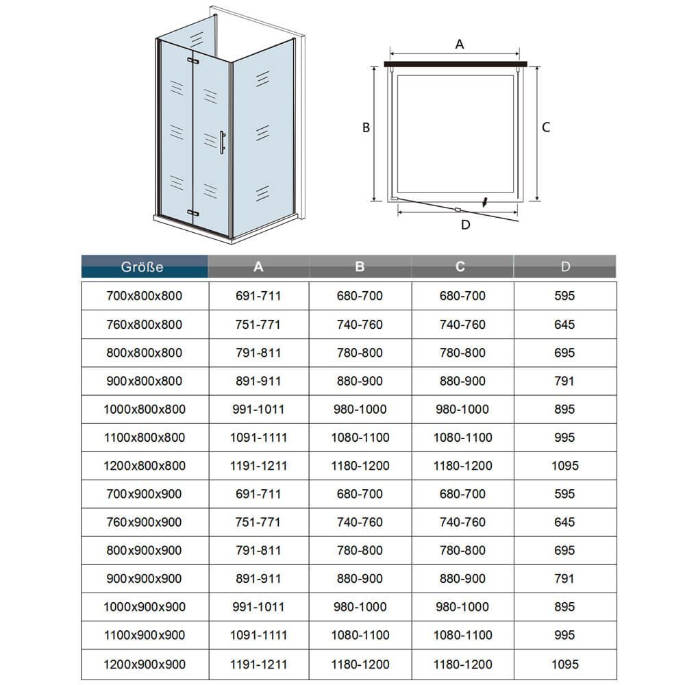 Duschspa Complete Shower 185cm U-Shape Shower Enclosure Shower Door Hinged Door Folding Door, WxD: 120x90 cm, Single Tempered Safety Glass, Safety Glass, Set, Suitable for Floor-Level Installation