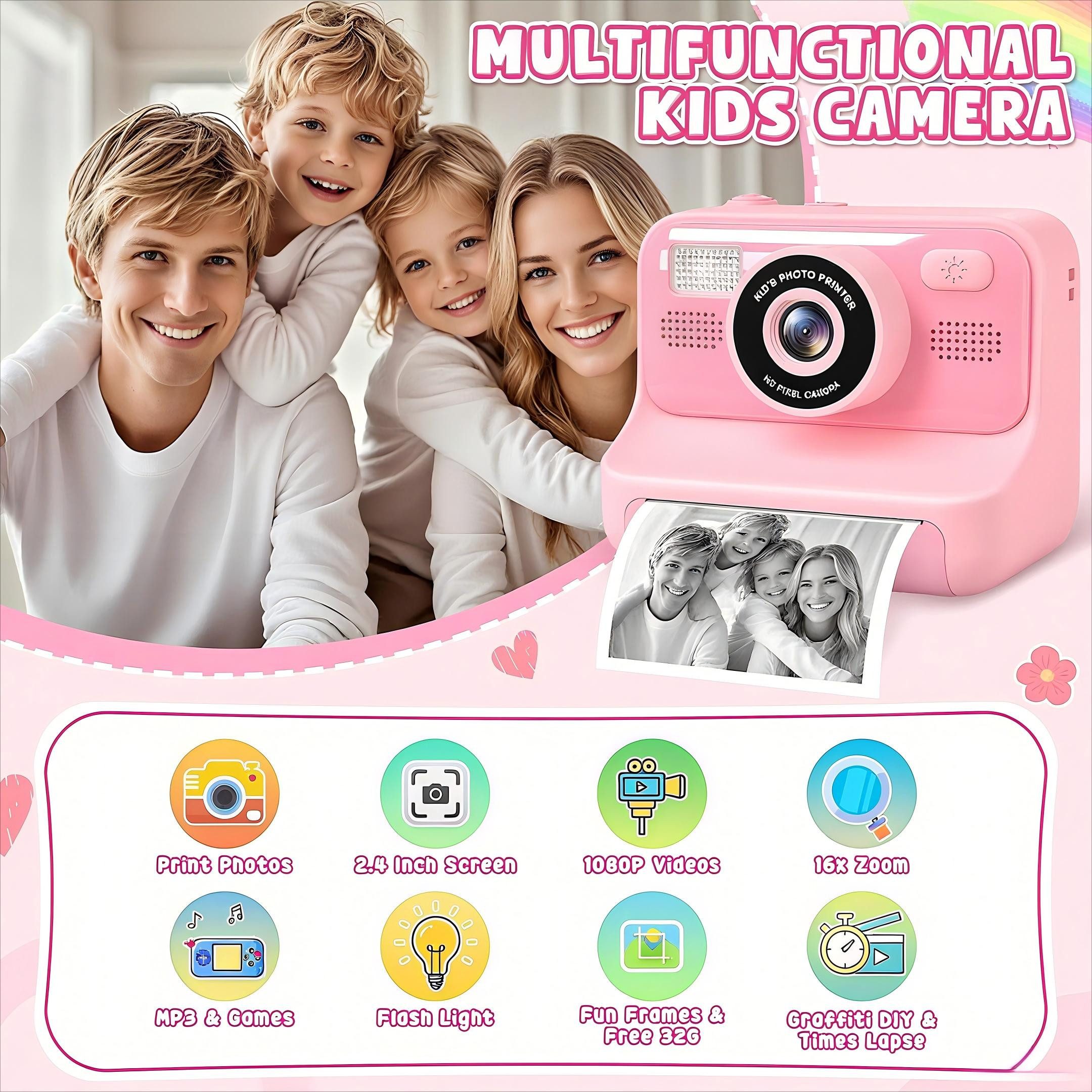 POPOLIC 1080P Kinderkamera - Selfie Digitalkamera Kinder mit 32GB Sofortbildkamera (inkl. Rosa, Geburtstagsgeschenk Spielzeug ab 3-11 Jahre Mädchen Jungen)