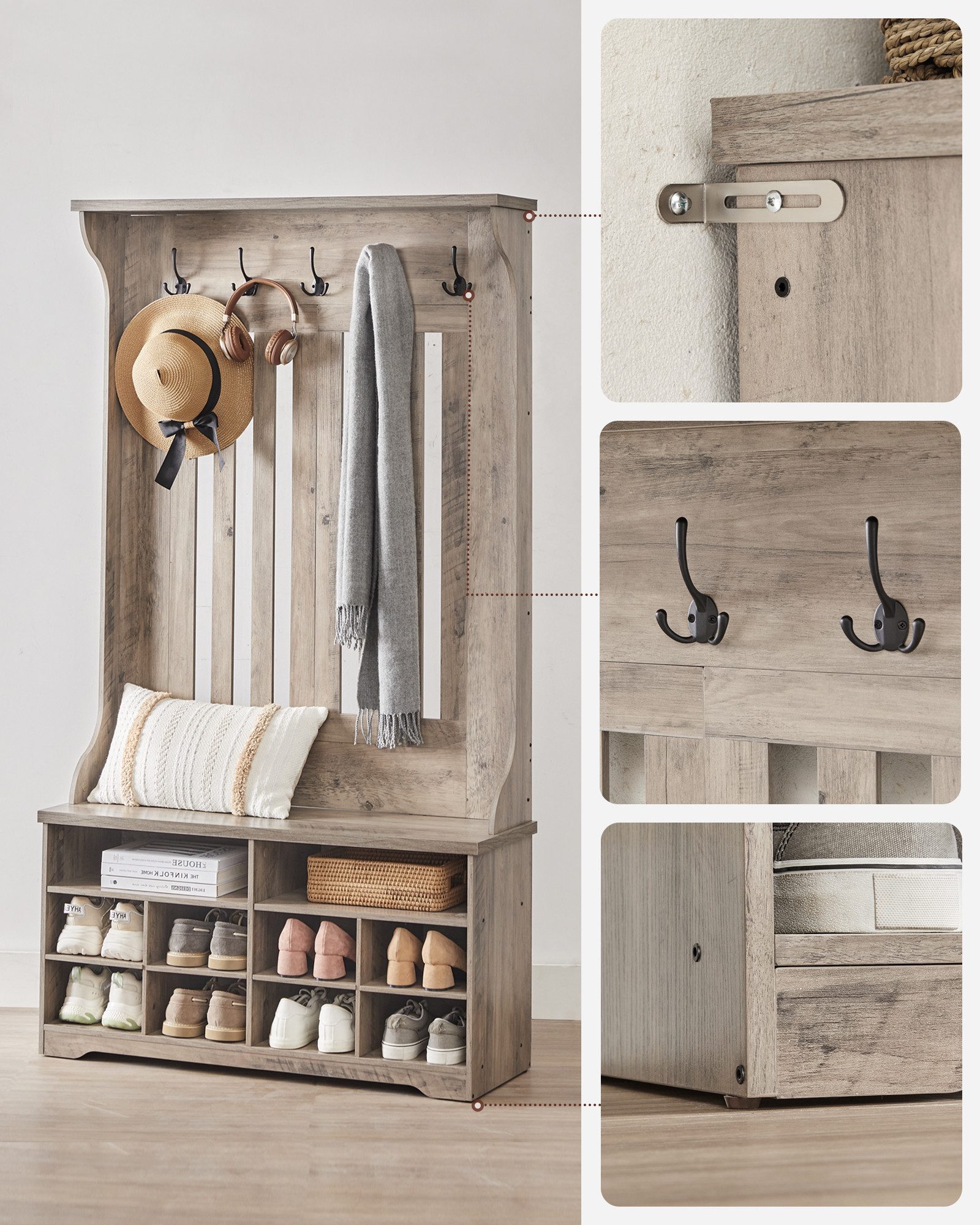VASAGLE Garderobenständer Schuhaufbewahrung mit Schuhbank, 5 Dreifach-Haken, für Eingangsbereich, Flur, freistehend, platzsparend, Garderobe – Bild 4 von 5