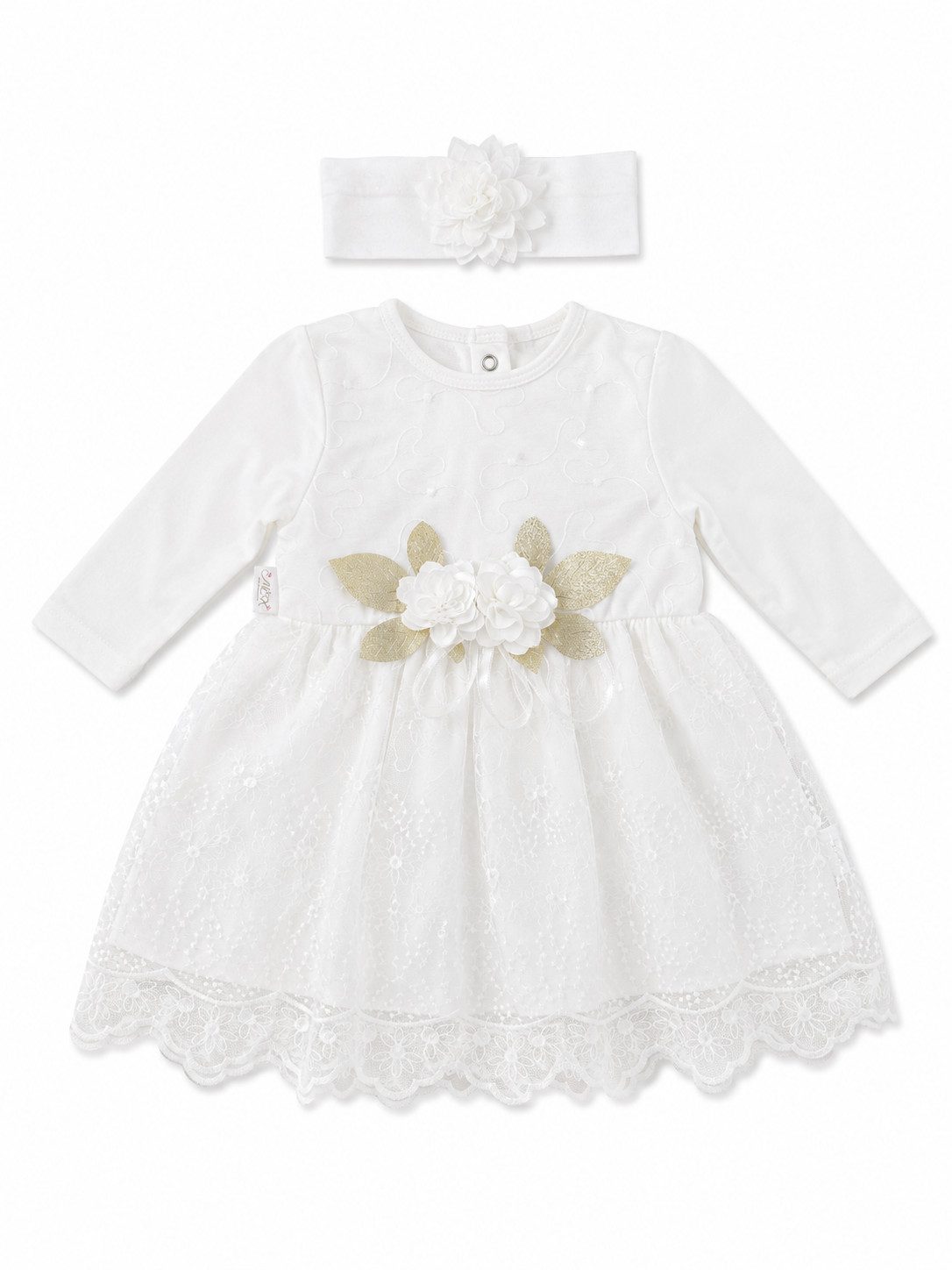 Lorey Medtec Taufkleid Festliches Baby Mädchen Kleid mit Stirnband, 100 % Baumwolle, Weiß (Kleid + Stirnband) Spitze, Tüll