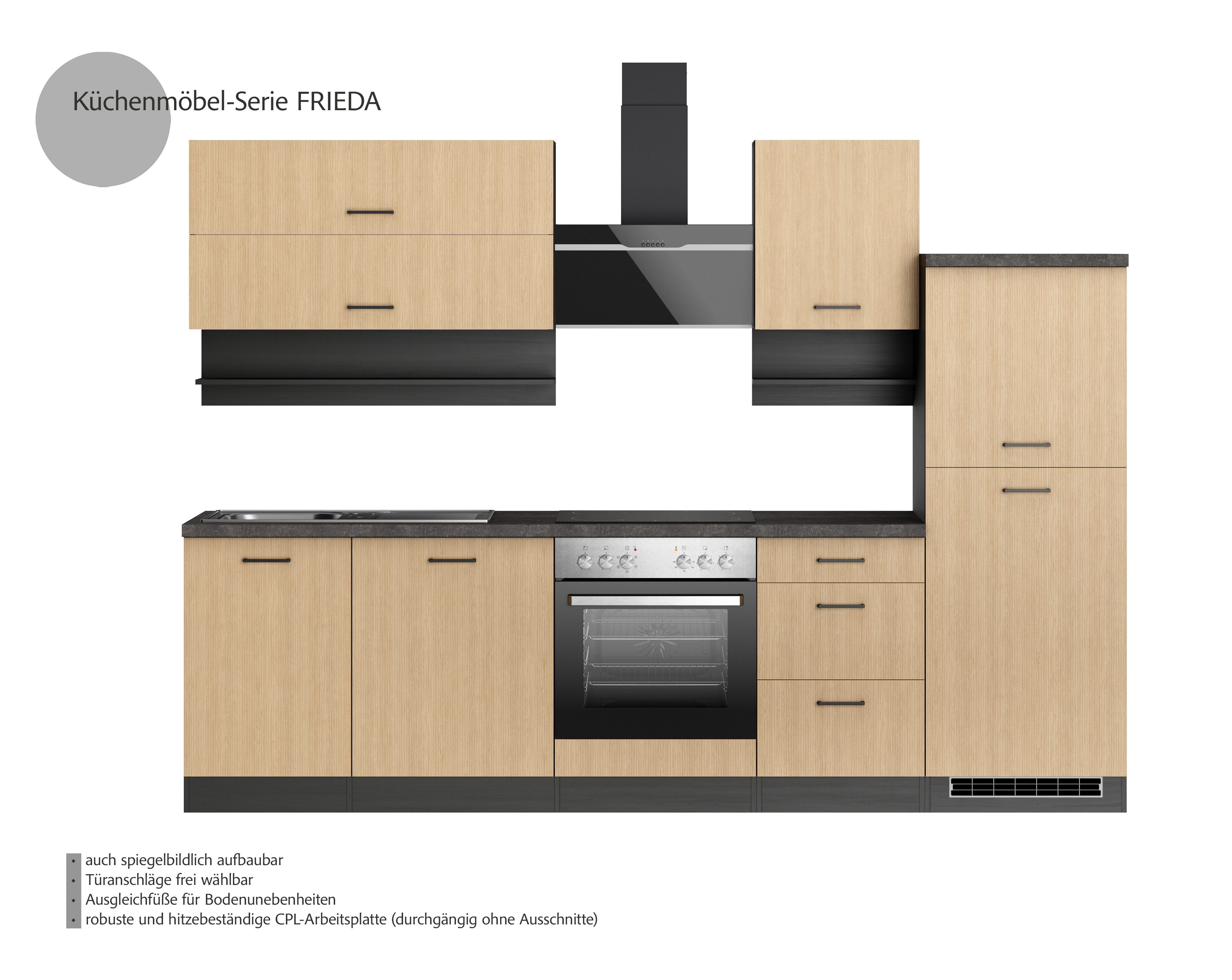 KOCHSTATION Küchenzeile KS-Frieda Breite 280 cm, wahlweise mit E-Geräten, mit 38mm starker Arbeitsplatte