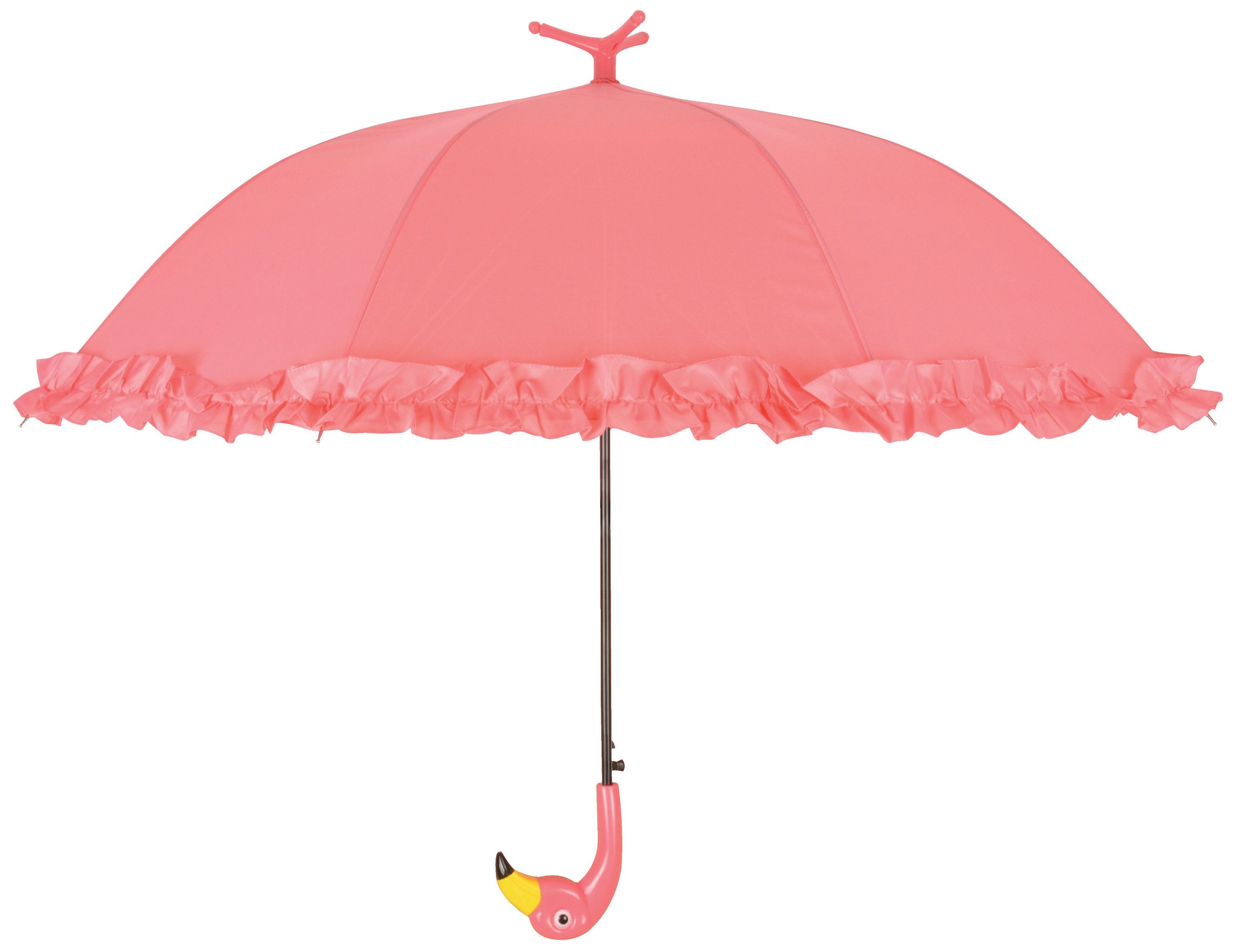Stockregenschirm Regenschirm Schirm FLAMINGO rosa Rüschen pink steht von selbst