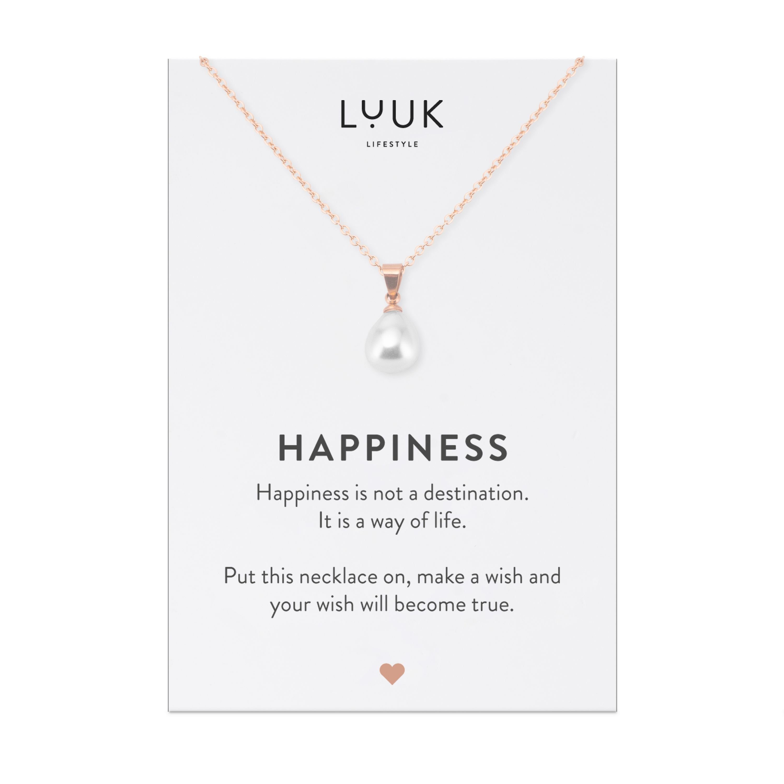LUUK LIFESTYLE Kette mit Anhänger Perle, HAPPINESS Geschenkkarte für Frauen, Festivalschmuck