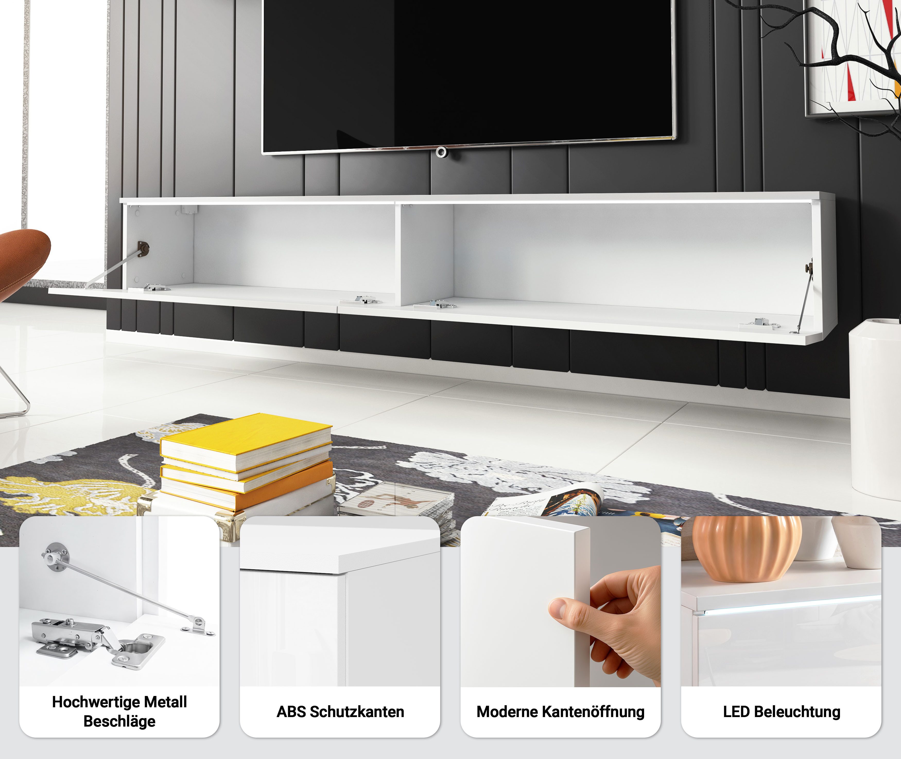 Home affaire Lowboard LOWBOARD VERA, wahlweise mit oder ohne Beleuchtung, Modernes griffloses TV-Board, 180 cm TV-Schrank, stehend und hängend