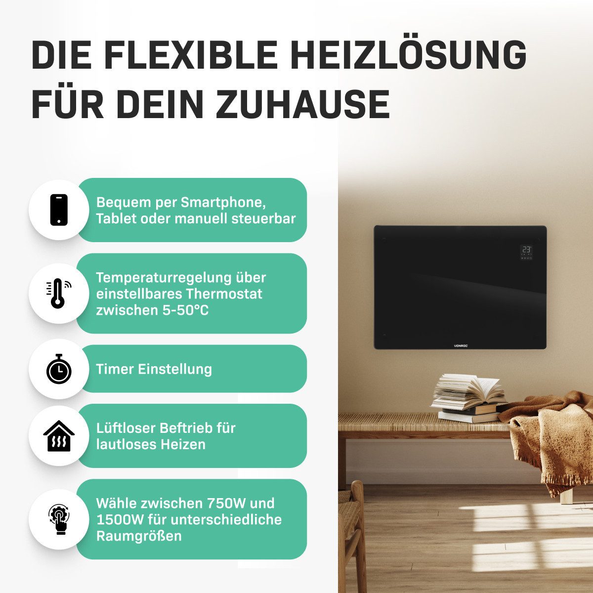 VONROC Heizkörper Elektroheizung in Varianten für 12 bis 30qm Räume, Elektrische Konvektorheizung 2 stufig - Manuelle/App Steuerung