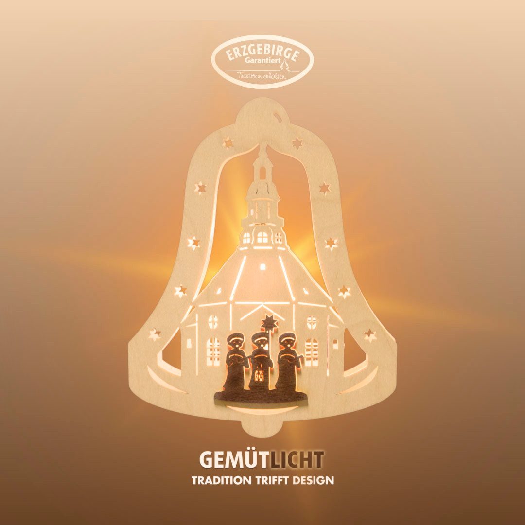 Weigla Dekofigur beleuchtetes Fensterbild Glocke Kurrende, NATUR-BRAUN, Made in Germany (1 St), Erzgebirge garantiert, Weihnachtsdeko Innen, Weihnachtsbeleuchtung