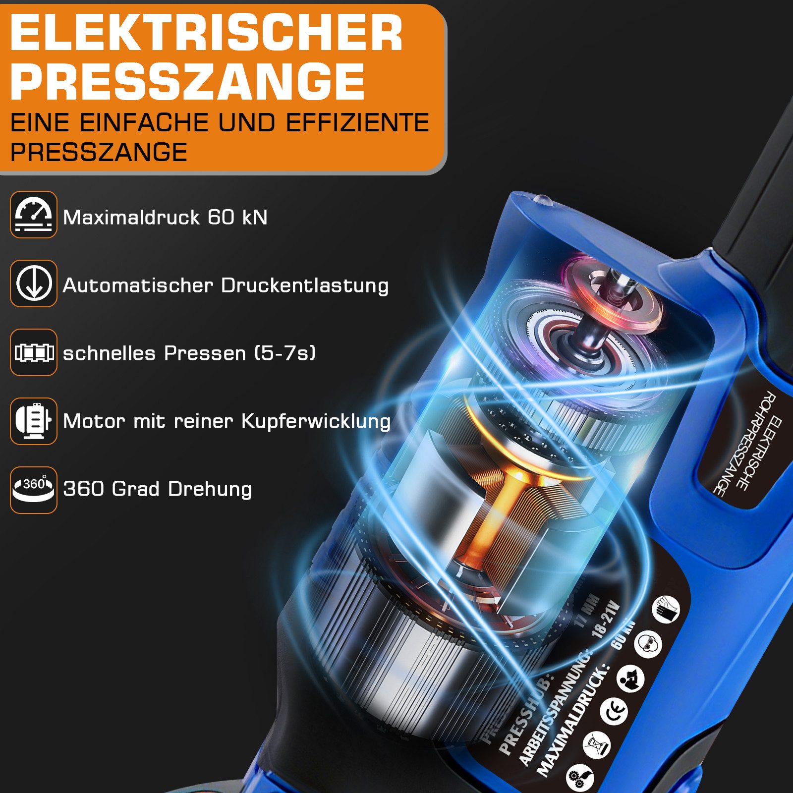 XERSEK Rohrzange Akku Presszange 60kN Hydraulik Crimpzange für Kupferrohre Verbundrohr, TH-Kontur(TH16 TH20 TH26 TH32) V-Kontur (V12 V15 V18 V22 V28) , LCD, Bür – Bild 4 von 5
