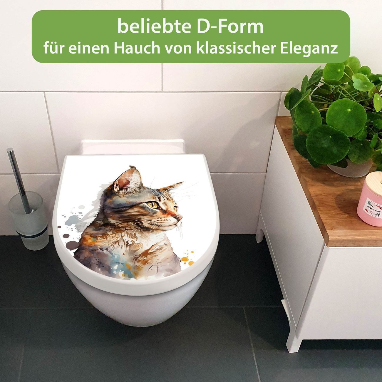 banjado WC-Sitz Premium D-Form mit Absenkautomatik Motiv Katzenportrait in Aquarell 2 (umweltfreundliches Material, Softclose Absenkautomatik), 45 x 36,4 x 4