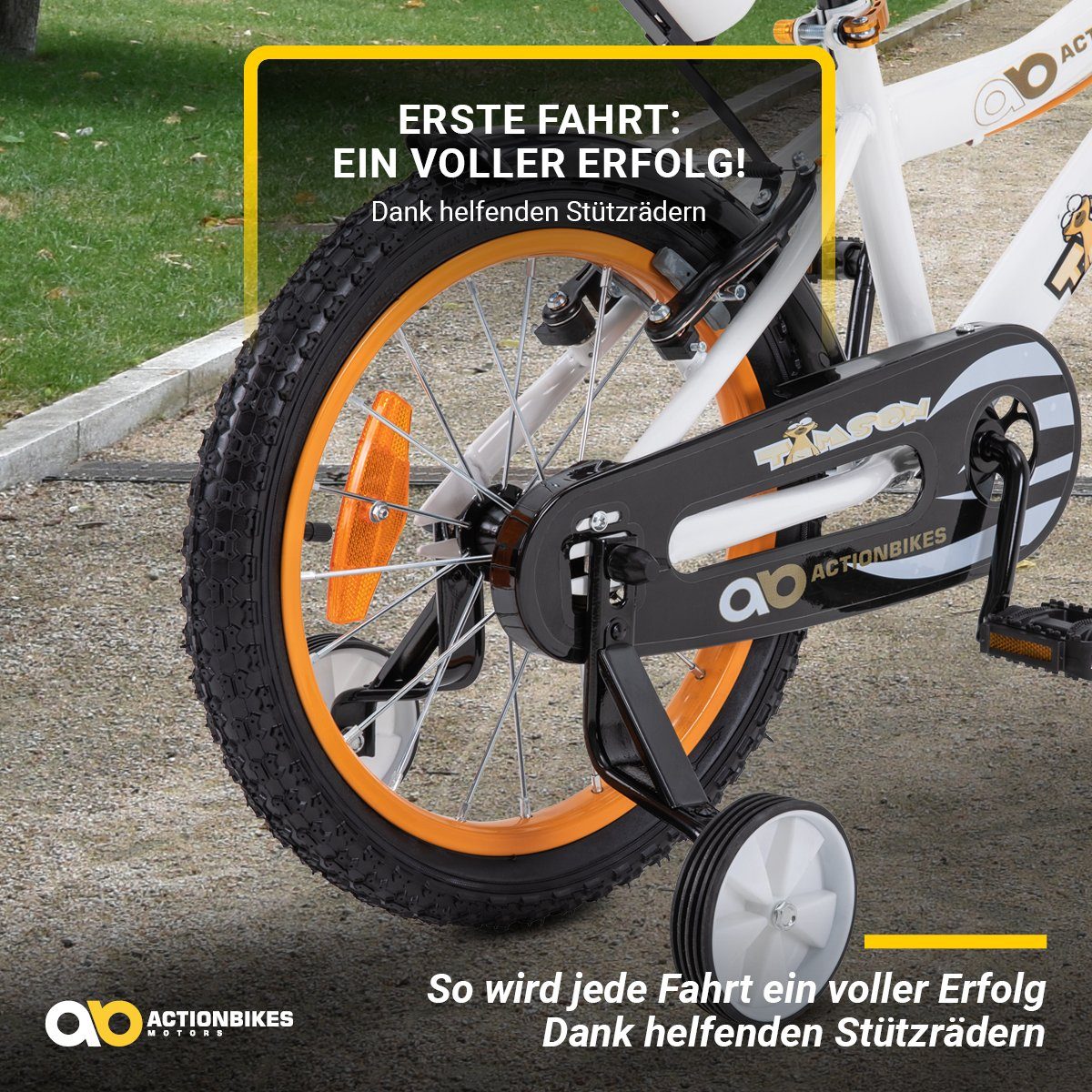 Actionbikes Motors Kinderfahrrad Timson Kinder Fahrrad ab 3 Jahre, 1 Gang, ohne Schaltung, (V-Brake-Bremsen, Luftbereifung, Schutzbleche, weiß / orange / schwarz)