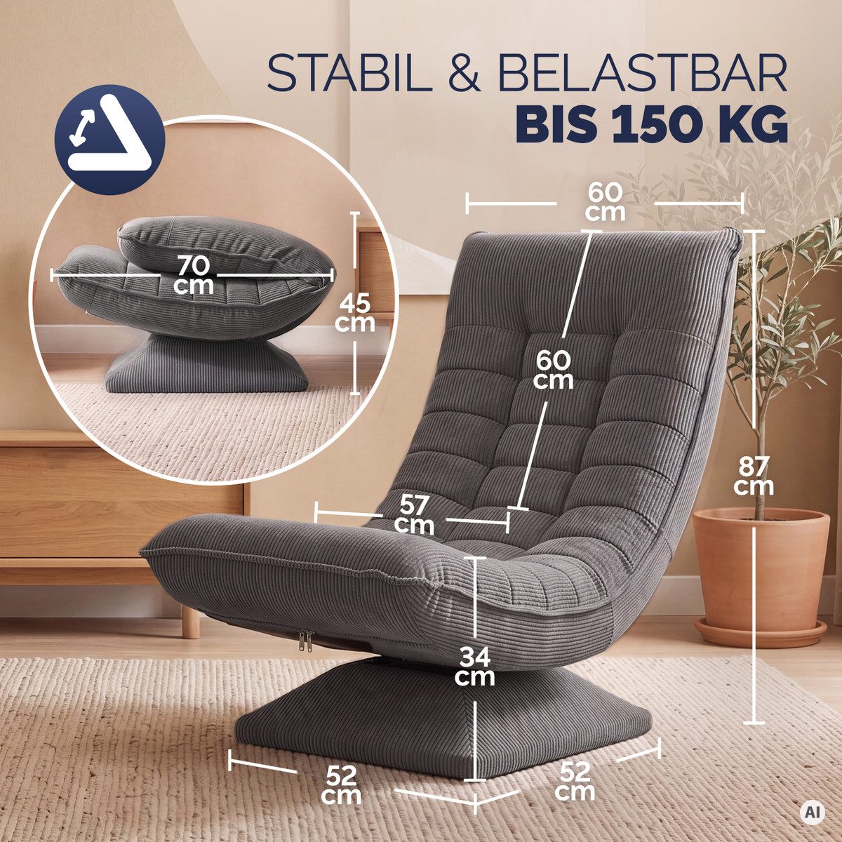 Casaria Relaxsessel Aberdeen Cord, verstellbare Lehne Drehbar Klappbar 150kg Belastbarkeit 60x105x87cm – Bild 3 von 5