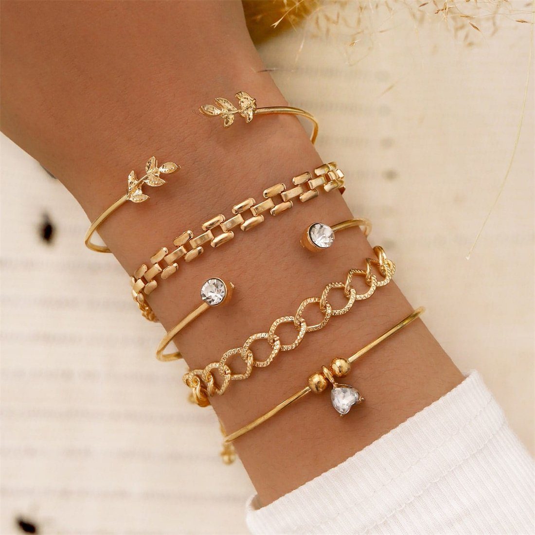 DÖRÖY Armband Women's Gold Open Leaf Bracelet Armreif Set, Mode-Armband Set von 5