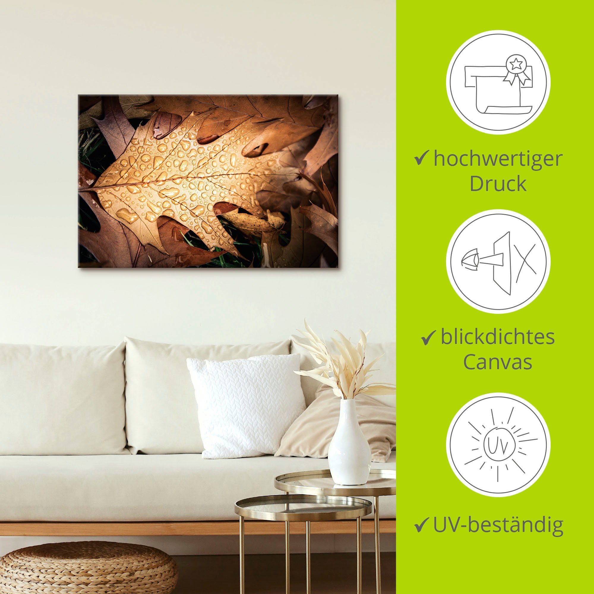 Alubild, Regentropfen, mit Herbstblatt als Größen Poster versch. Artland Wandbild in Leinwandbild, St), oder (1 Wandaufkleber Blätterbilder