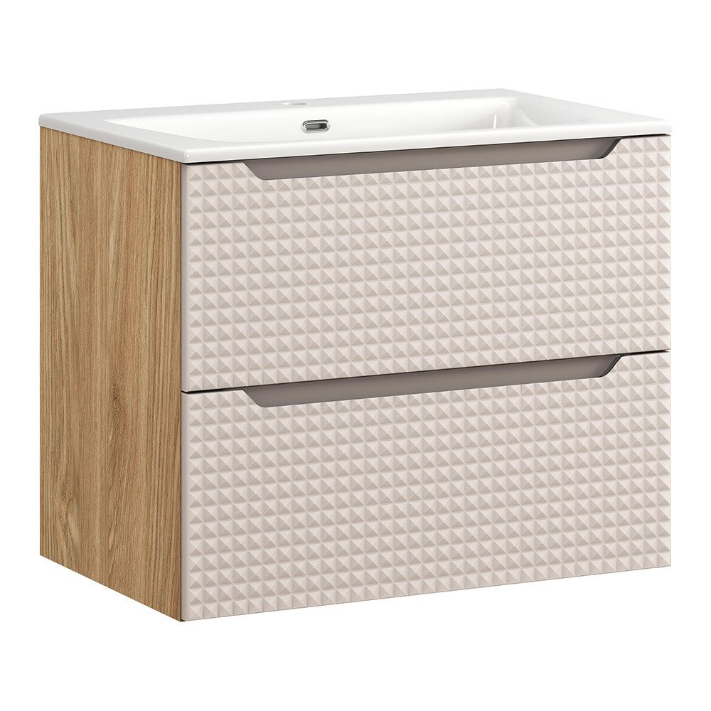 Lomadox Waschtisch LONDON-56-BEIGE, inkl. Waschbecken, Eiche beige, 70cm breit, grifflos, Schubladen